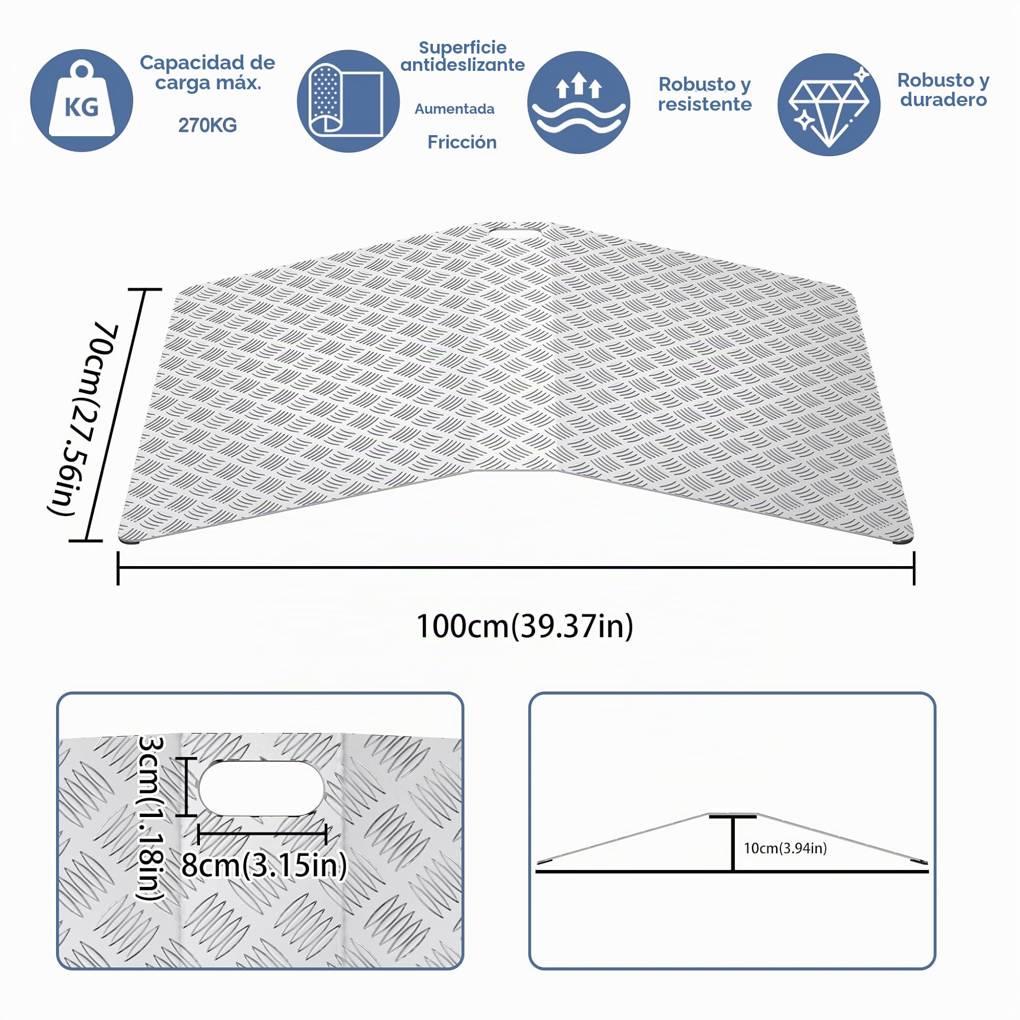 UISEBRT Rampa de umbral de puerta para silla de ruedas, de aluminio, antideslizante, portátil, con asas, capacidad de carga de 270 kg (100 x 70 x 10 cm)