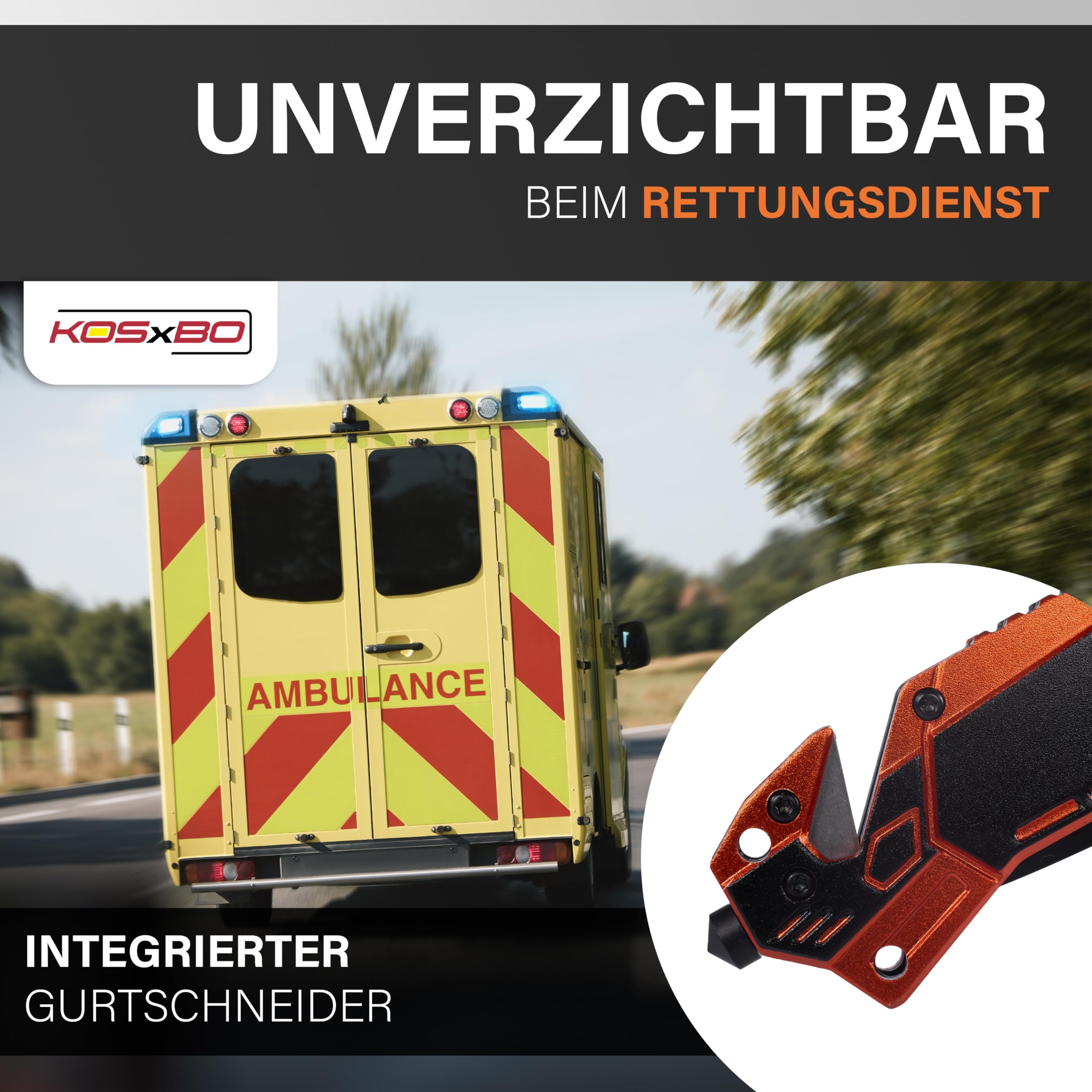KOSxBO Rescue Knife EMS Rettungsmesser mit Glasbrecher und Gurtschneider inkl. Messertasche und Dog Tag - Messer Taschenmesser Outdoor Messer Klappmesser Survival Camping