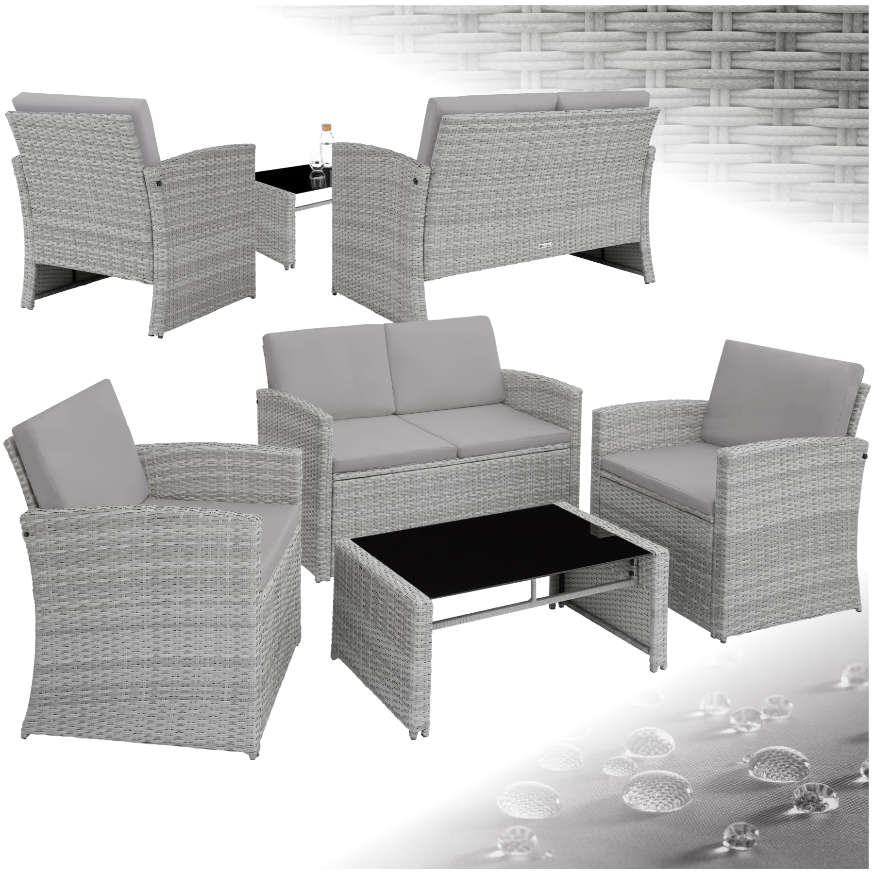tectake® Conjunto Jardín de Ratán y Acero, Muebles Jardín Exterior, 2 Sillones, 1 Sofá, 1 Mesa con Cristal, Conjunto Terraza Resistente a Intemperie, con Cojines, Fundas Extraíbles -gris jaspeado/gris