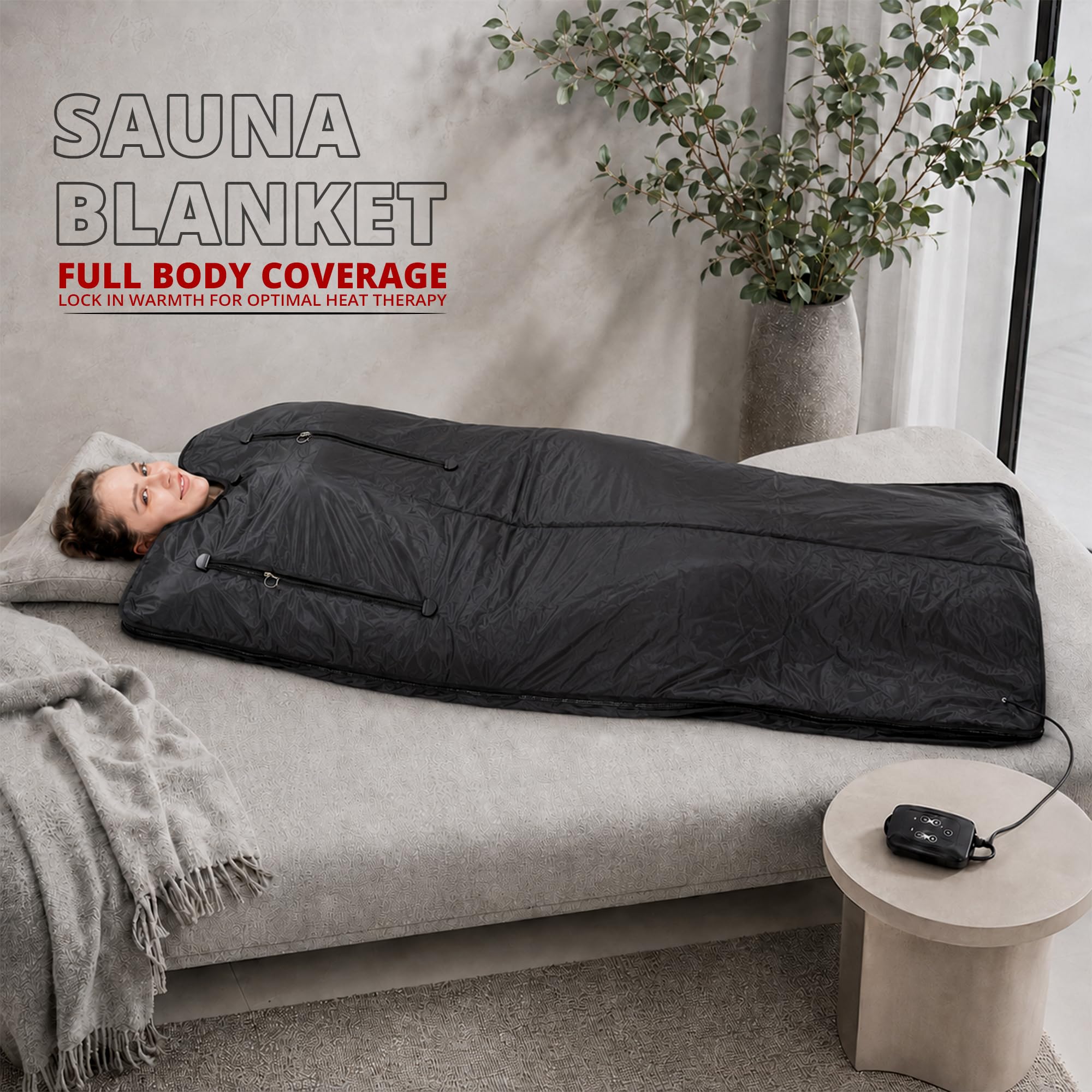 MAXSTRENGTH Koc do sauny na podczerwień do odchudzania i detoksykacji, regulacja temperatury 35-70°C, 180 x 160 cm, domowy koc do terapii spa dla relaksu i regeneracji mięśni (czarny, na całe ciało