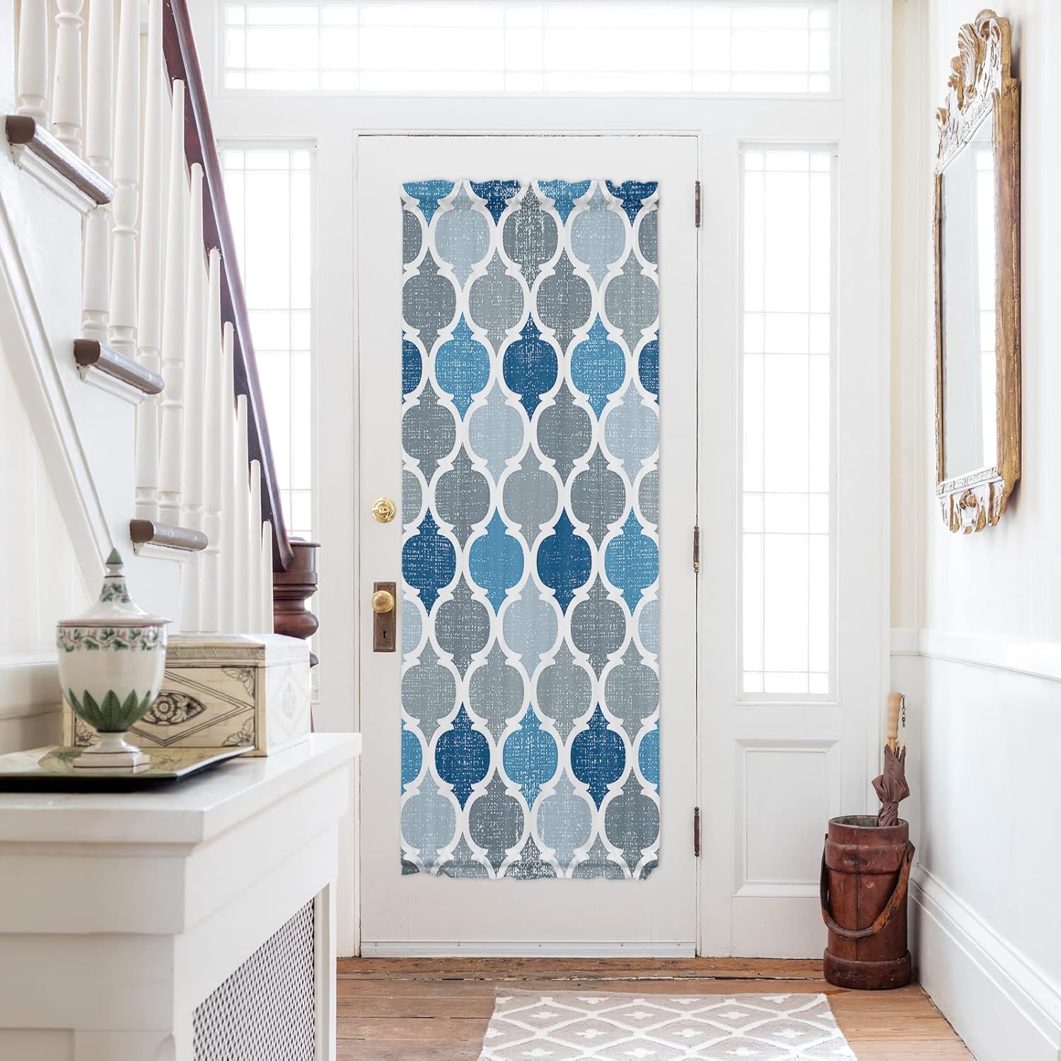 Abstract Geometric Morocco Pattern Door Curtains Gray and Blue French Door Curtains Rod Pocket Drapes Privacy Protection for Doors with Tieback 1 Panel, 54 x 72 Inch
