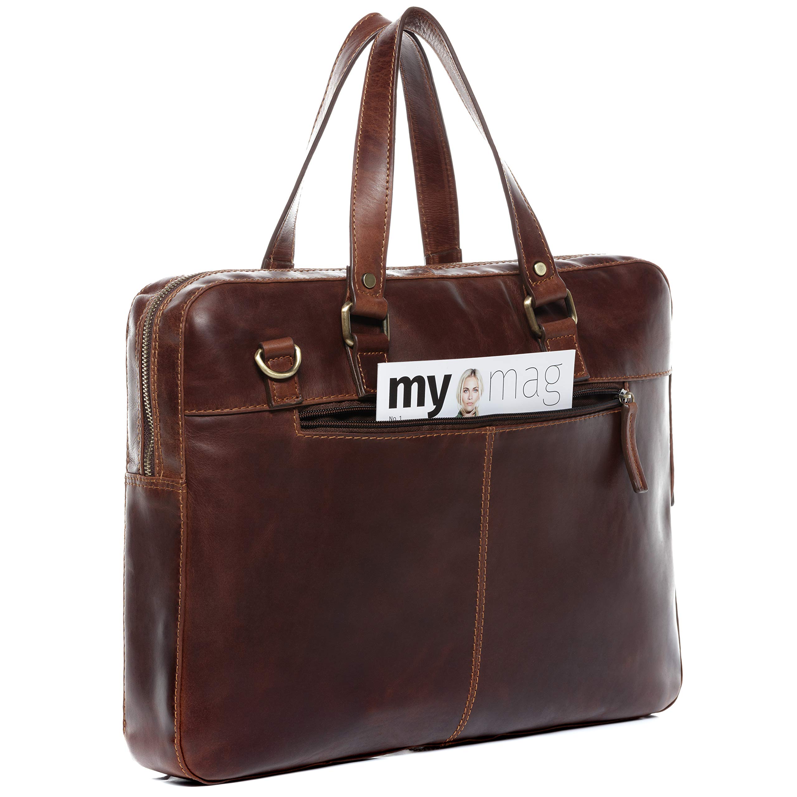 SID & VAIN Sac Ordinateur Portable Cuir véritable 15.4 Pouces Maguire Mallette Professionnelle bandoulière pour Hommes et Femmes Serviette de Travail élégant Marron