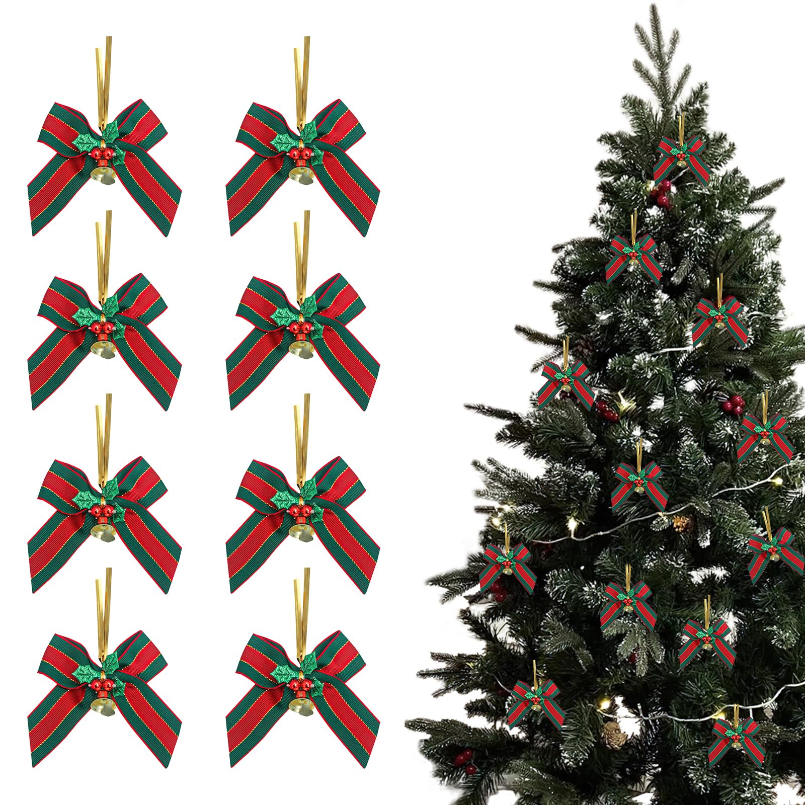 12 Christmas Tree Bows Decoration Red Green Striped Bowknot with Bell Xmas Bow Hanging Ornament for Christmas Holiday Party Home Outdoor Indoor Decoration Supplies