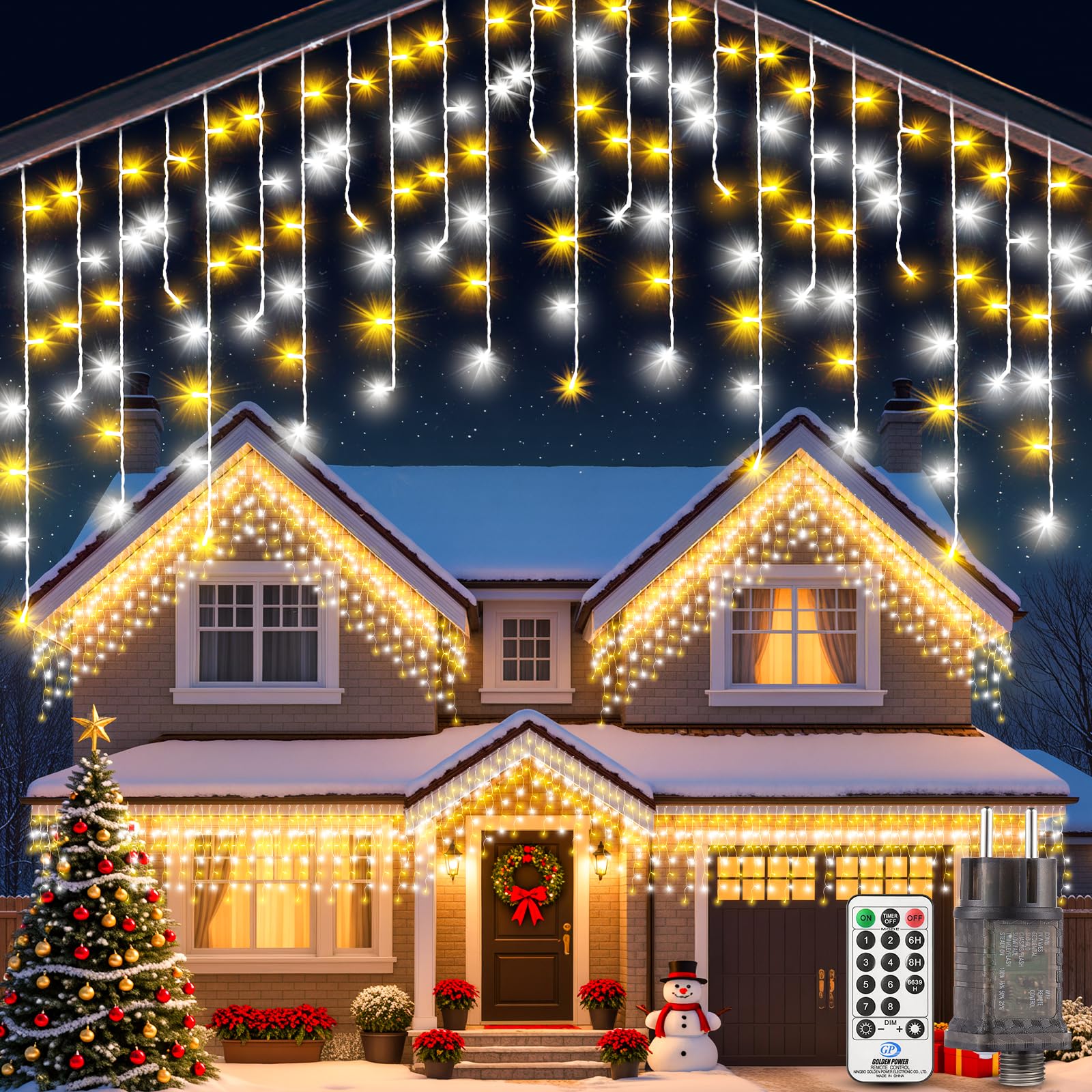 PBGMRT Outdoor String Lights, Christmas Curtain Lights, 10 + 5 m – IP65 Waterproof, 8 Modes (Warm White/Golden White), Remote Control, Timer – Warm Atmosphere for Gardens and Home
