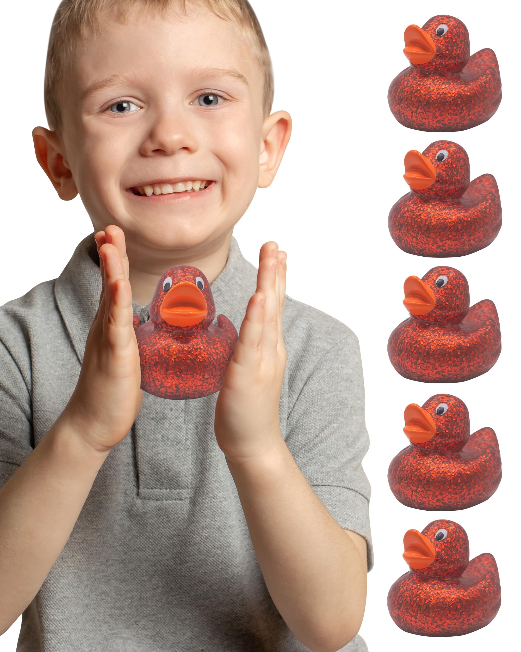 Alpi Glitter Ducks – Set of 5 Fun & Sparkly Rubber Ducks & Bath Toys - Decorative, Collectible, and Great for Parties, Gifts & Bath Time (Red)