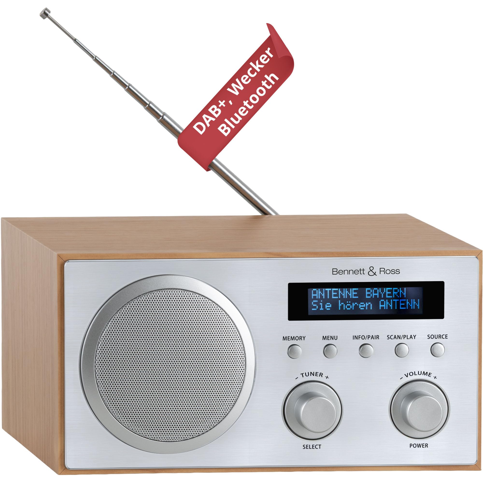 Bennett & Ross DAB-258 NT Vikedal DAB+/FM Digitalradio - Bluetooth Streaming vom Smartphone - USB MP3 Player und AUX - Dual Wecker mit Snooze und Sleep-Timer - LCD-Display - Natur