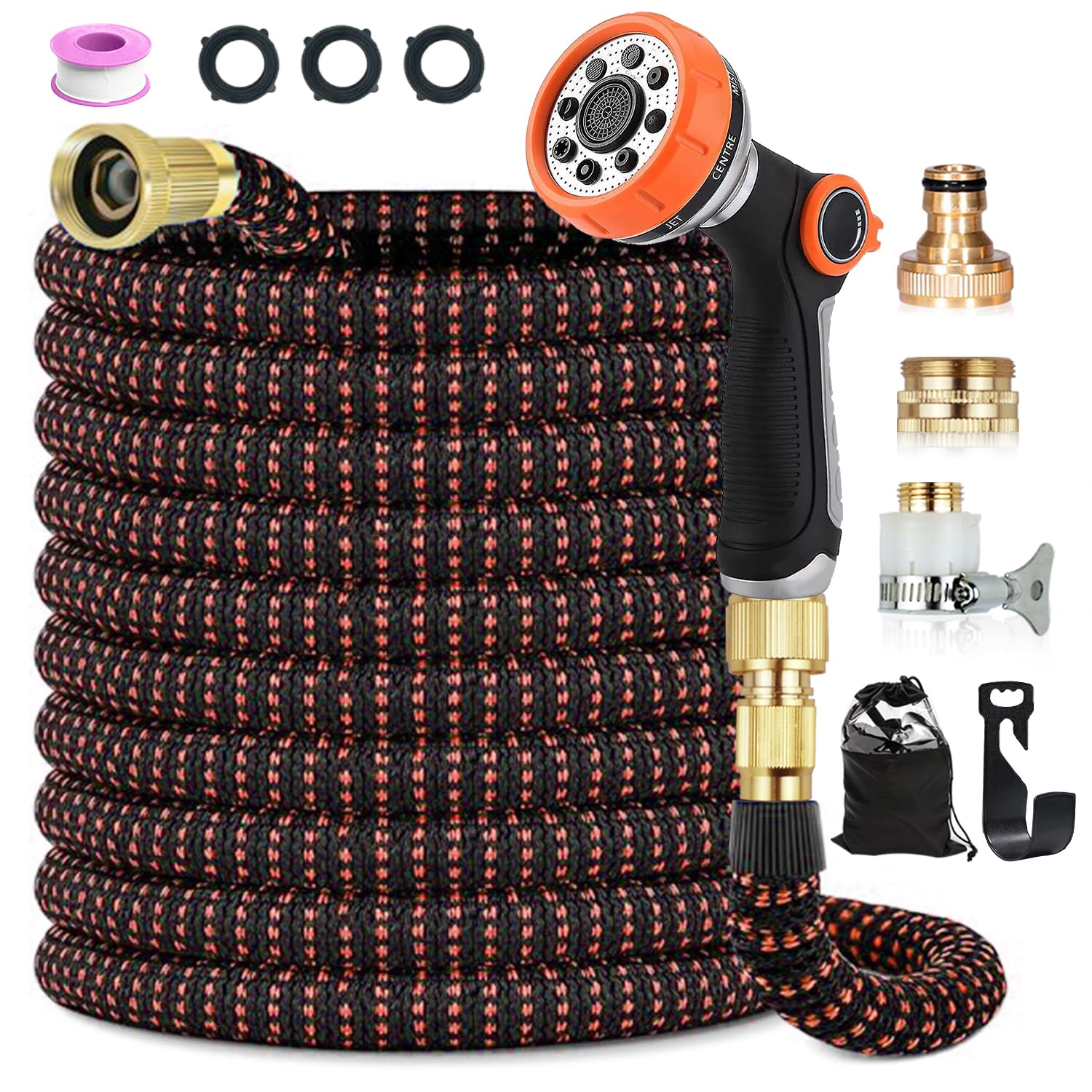 150FT (45M) Expandable Garden Hose Pipe, Leakproof Water Hose with 4-Layer Latex Core, Thumb Control Spray Nozzle, 10 Spray Patterns, Metal 1/2" & 3/4" Connectors for Garden, Car & Pet Cleaning Orange