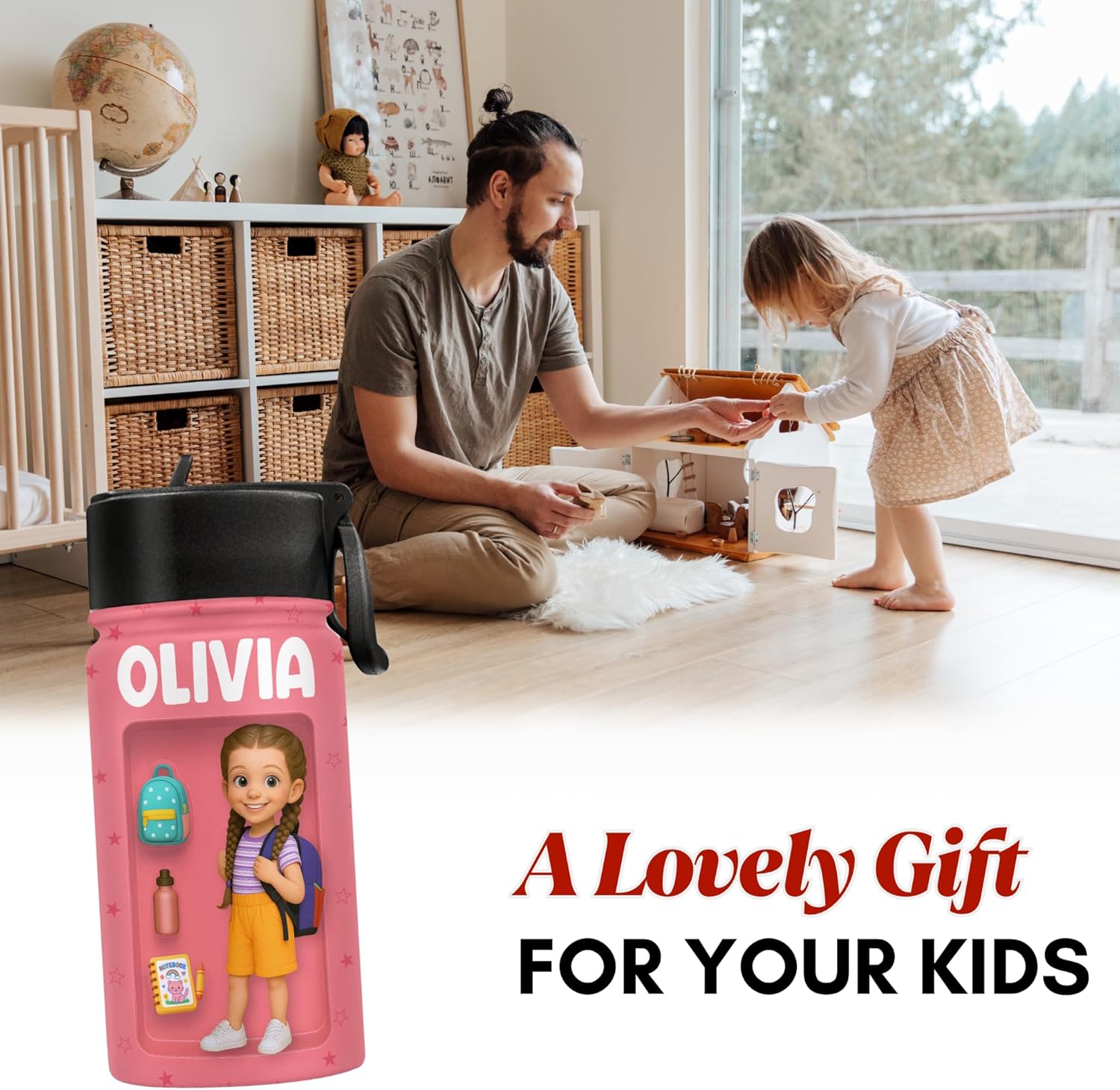 Wrappiness Custom Kids Water Bottle - Personalized Back To School Gift for Kids, Custom AI Photo 12 Oz Stainless Steel Bottle with Straw