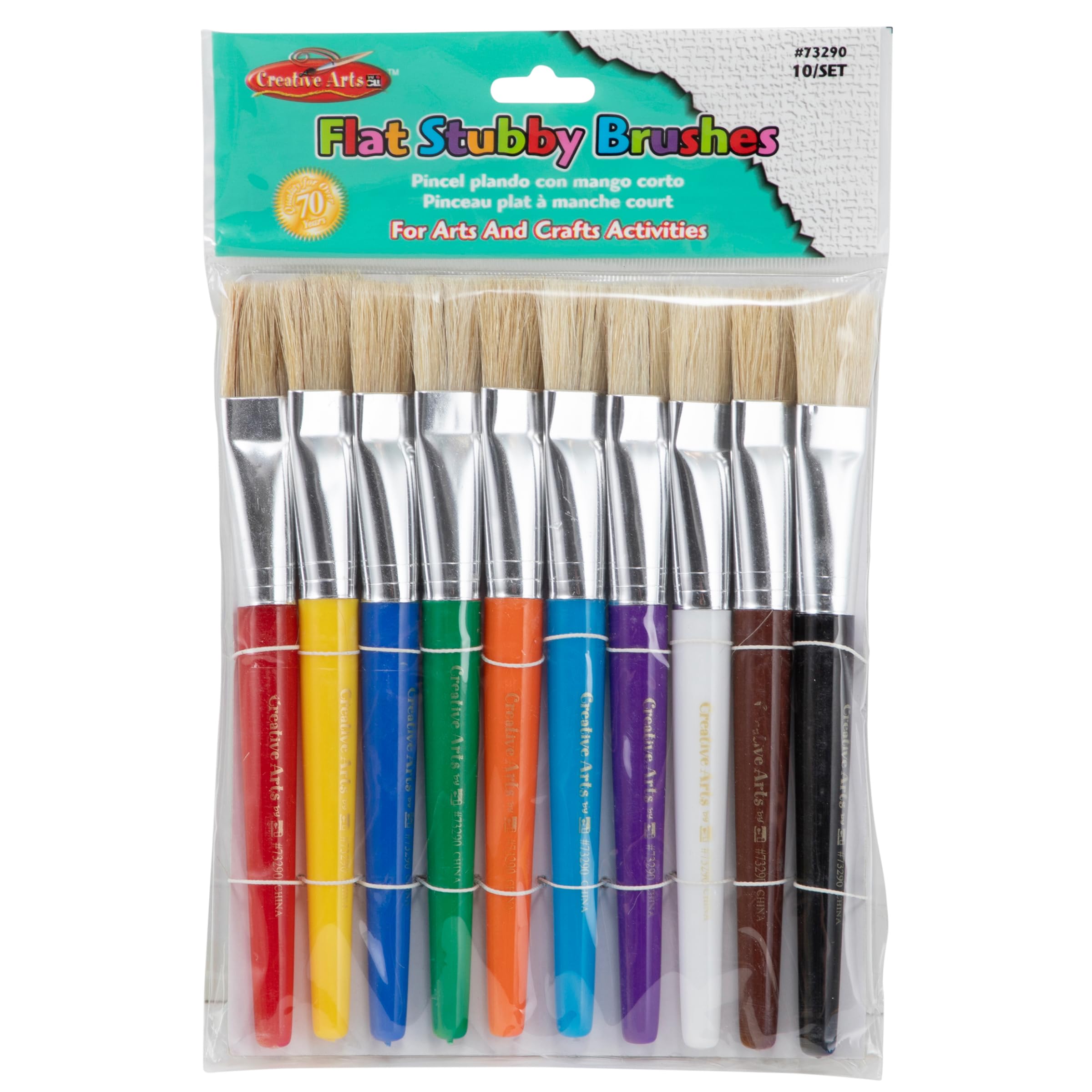 Charles Leonard Creative Arts Flat Tip Paint Brushes, Short Stubby Plastic Handle with Hog Bristle, 7.5 Inch, Colors May Vary, 10-Pack (73290)