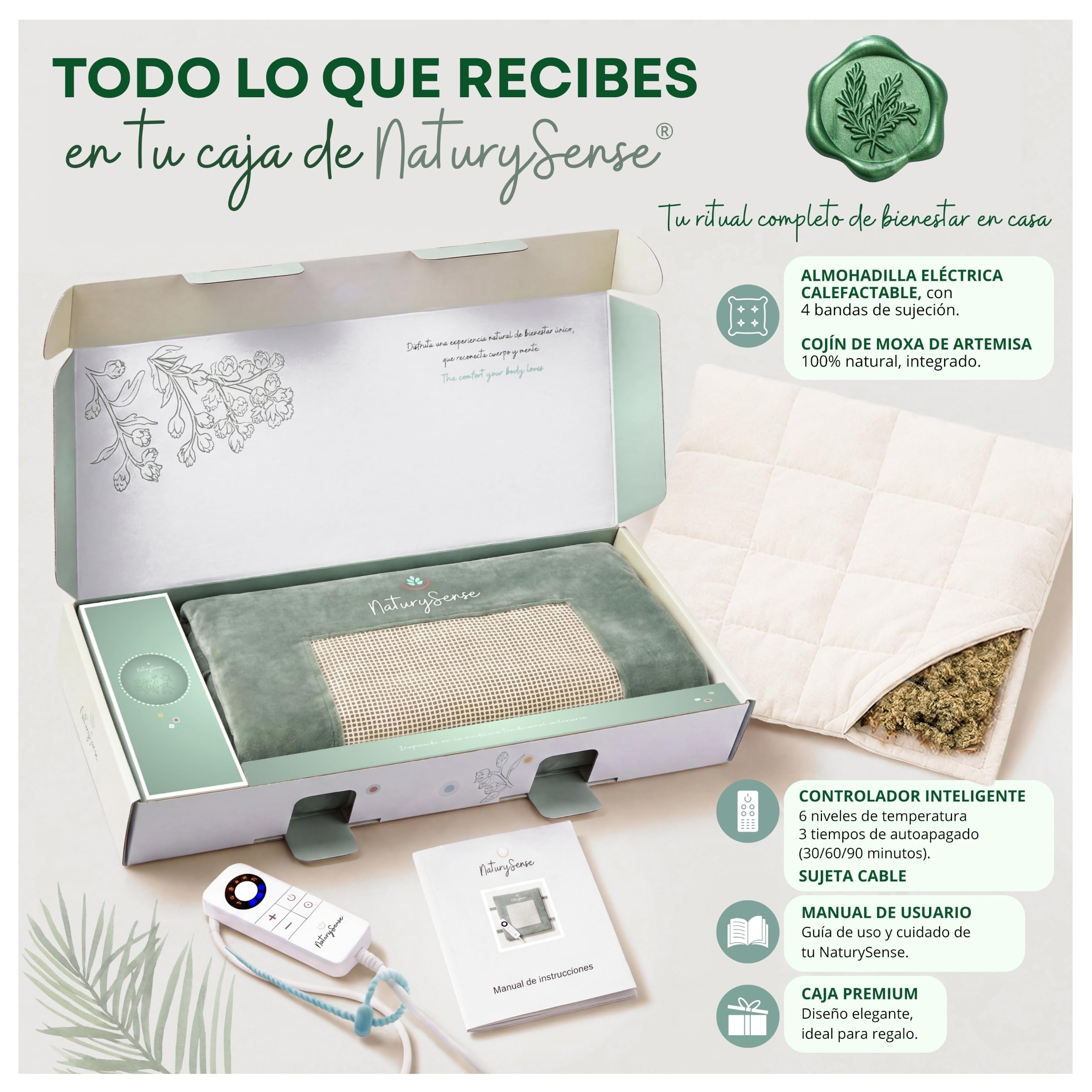 Almohadilla Eléctrica Premium con moxa de Artemisa. Multizona | 42 x 42 cm, 6 niveles de calor,temporizador 30/60/90 min, algodón orgánico,4 bandas de sujeción,lumbar,espalda,cuello,abdomen