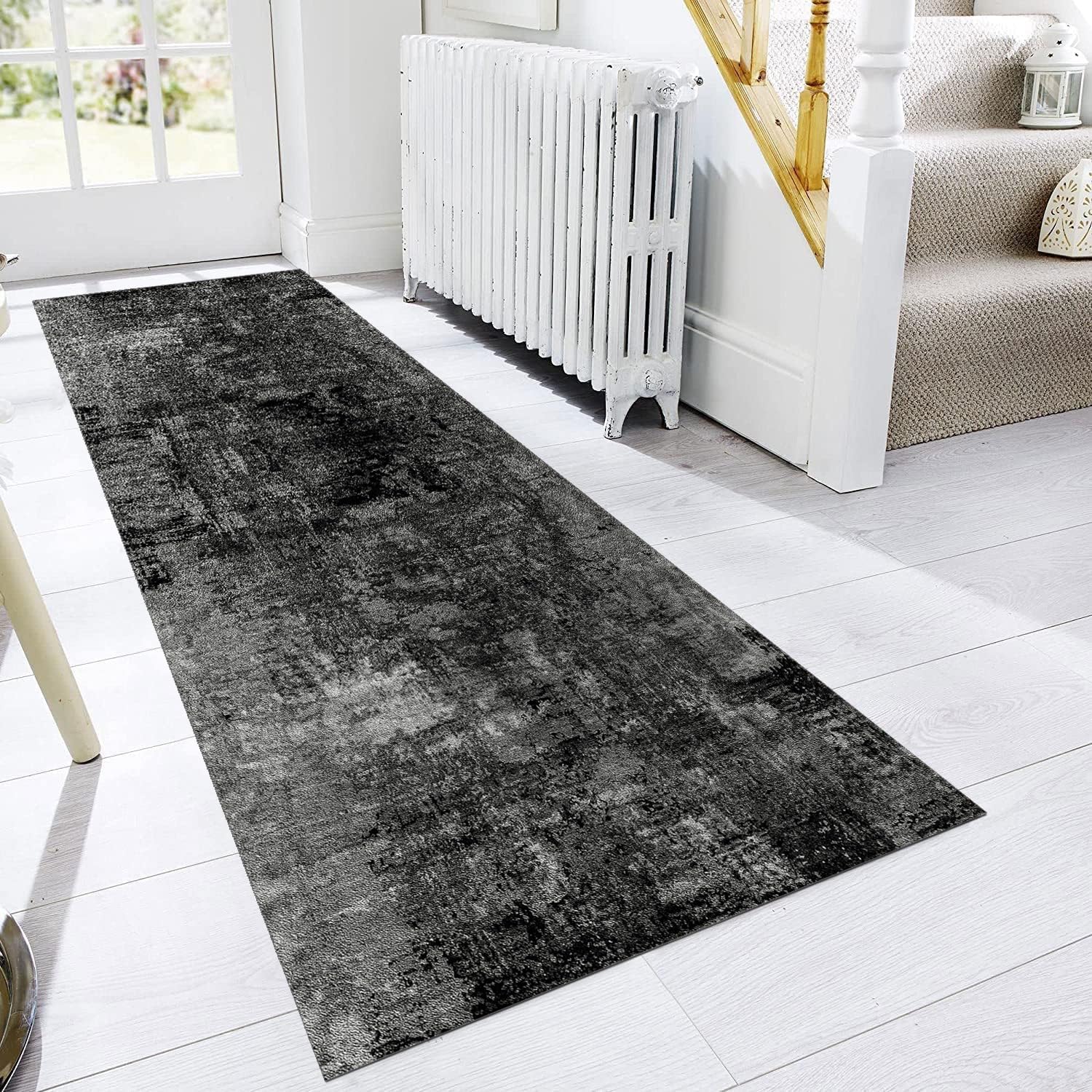 Läufer Flur Küche Waschbar rutschfest Korridor Teppichmatten 90X200cm Lang Schwarzgrau Küchenteppich Flurteppich Läufer Schlafzimmer Esszimmer Polyester Teppichläufer Meterware Anpassbar