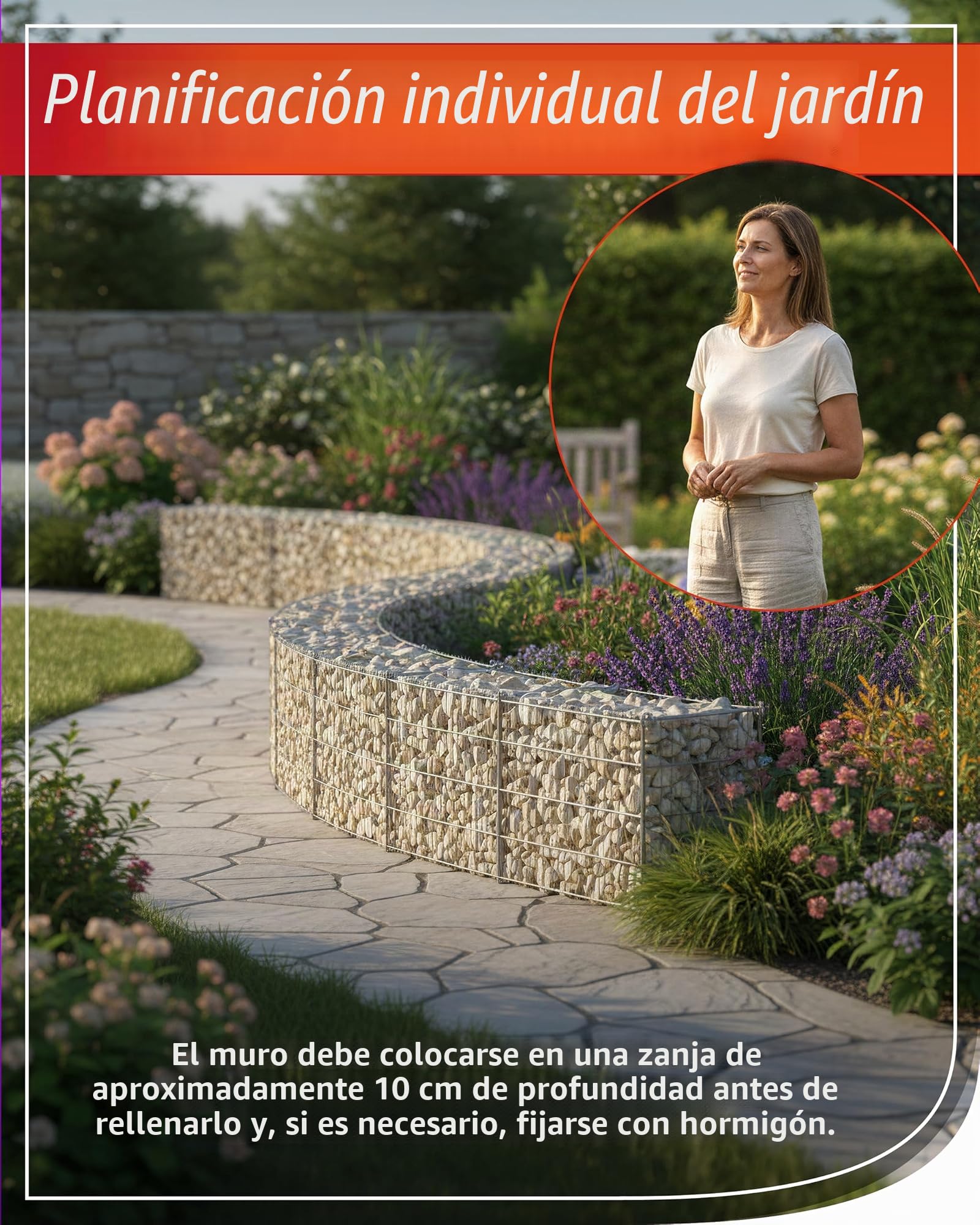 Bellissa - Juego de pared para gaviones (95550) - Muro-Gabion, jaulas de piedra de longitud ajustable, kit escalable - 232 x 10 x 40 cm
