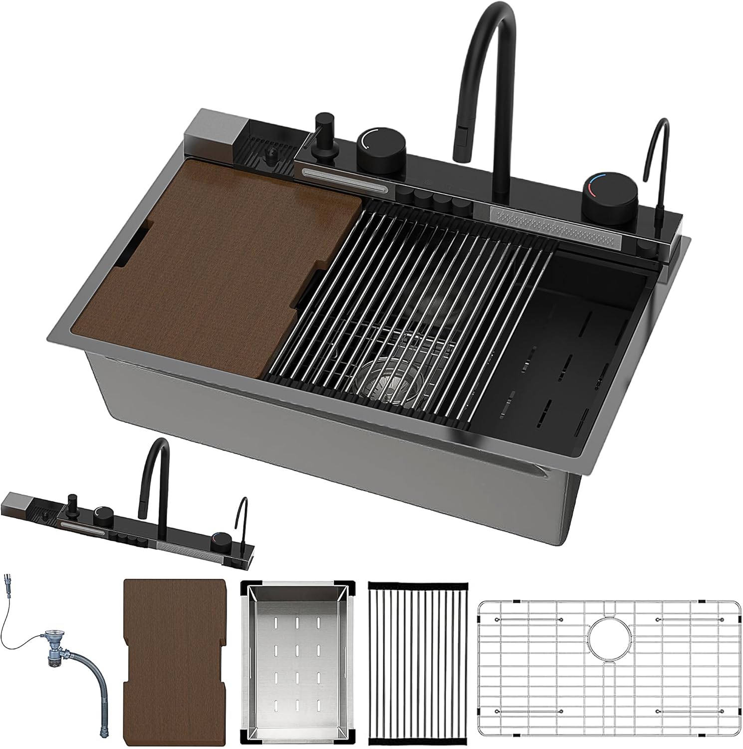 33x22 Inch Drop In Workstation Kitchen Sink - Multifunction 16 Gauge Stainless Steel Kitchen Sinks, Smart Digital Display Waterfall Chef Sinks with Pull-down Faucet & Multiple Accessories