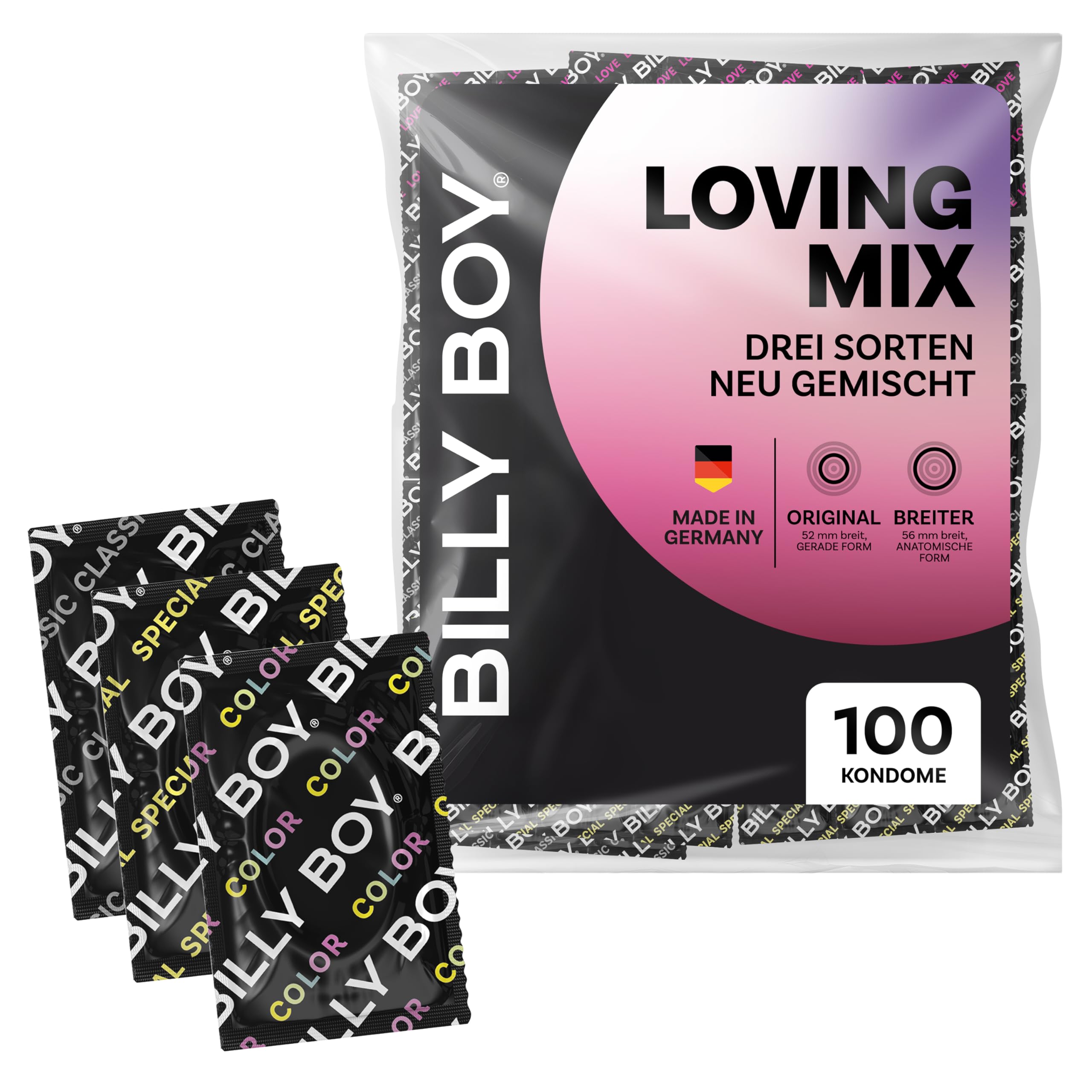 BILLY BOY Prezerwatyw zestaw Loving Mix 100 | rozmiary: Original (52 mm) i rozległy (56 mm), różne rodzaje w jednym zestawie | (1 × 100 sztuk)