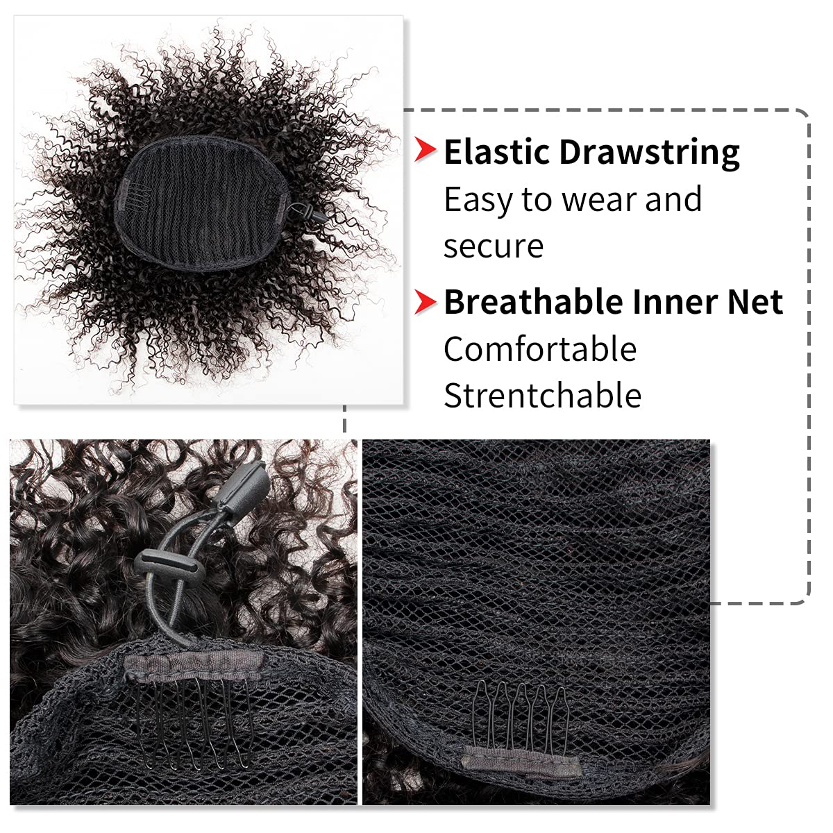 Afro Puff Kinky Curly Drawstring Ponytail Buns Natural Human Hair Pieces for Black Women,Girls,Kids 10 Inch #1B Natural Black
