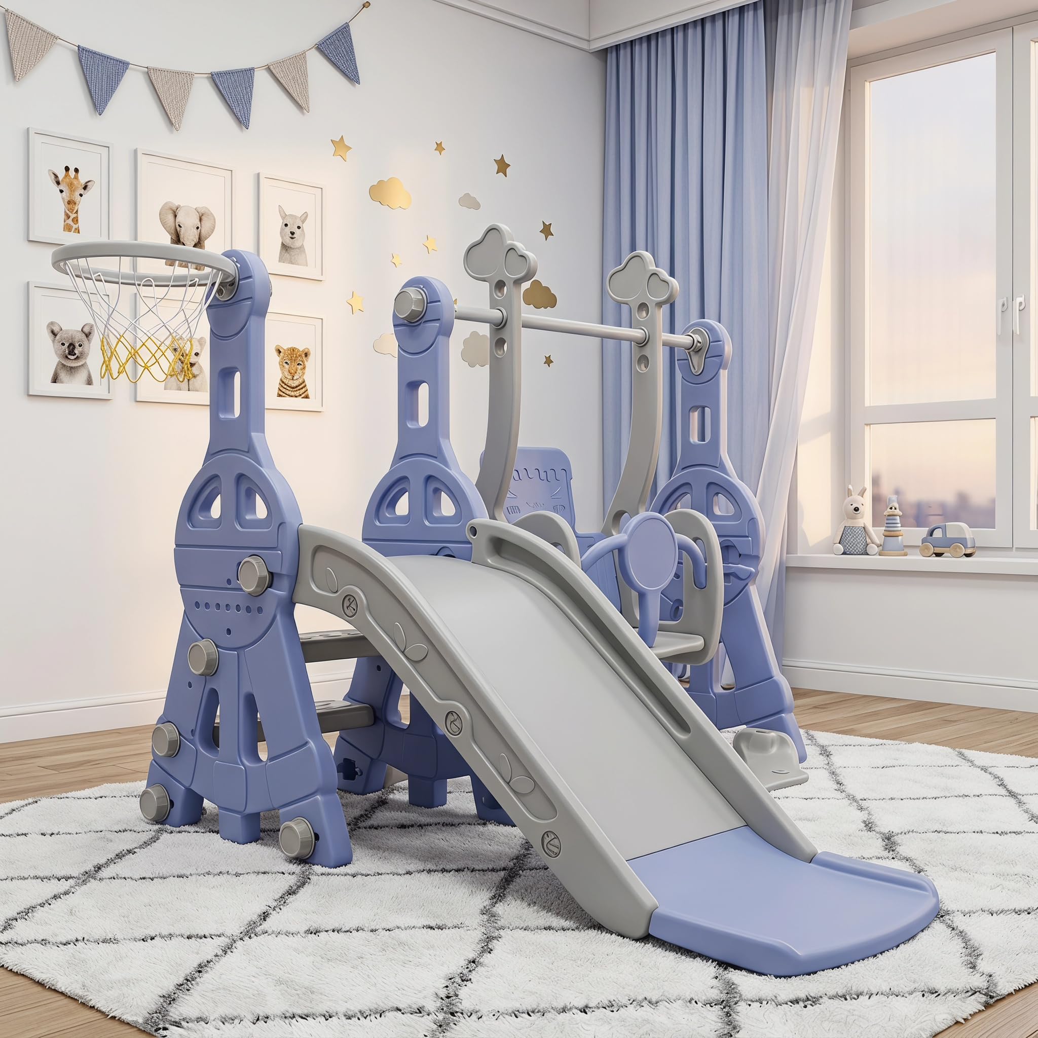 Tobogán al aire libre infantil, 4 en 1 columpio con tobogán con toboganes, escaleras, columpios y cestas de baloncesto, aplicable para niños físicos casas jardines de infancia parques (azul)