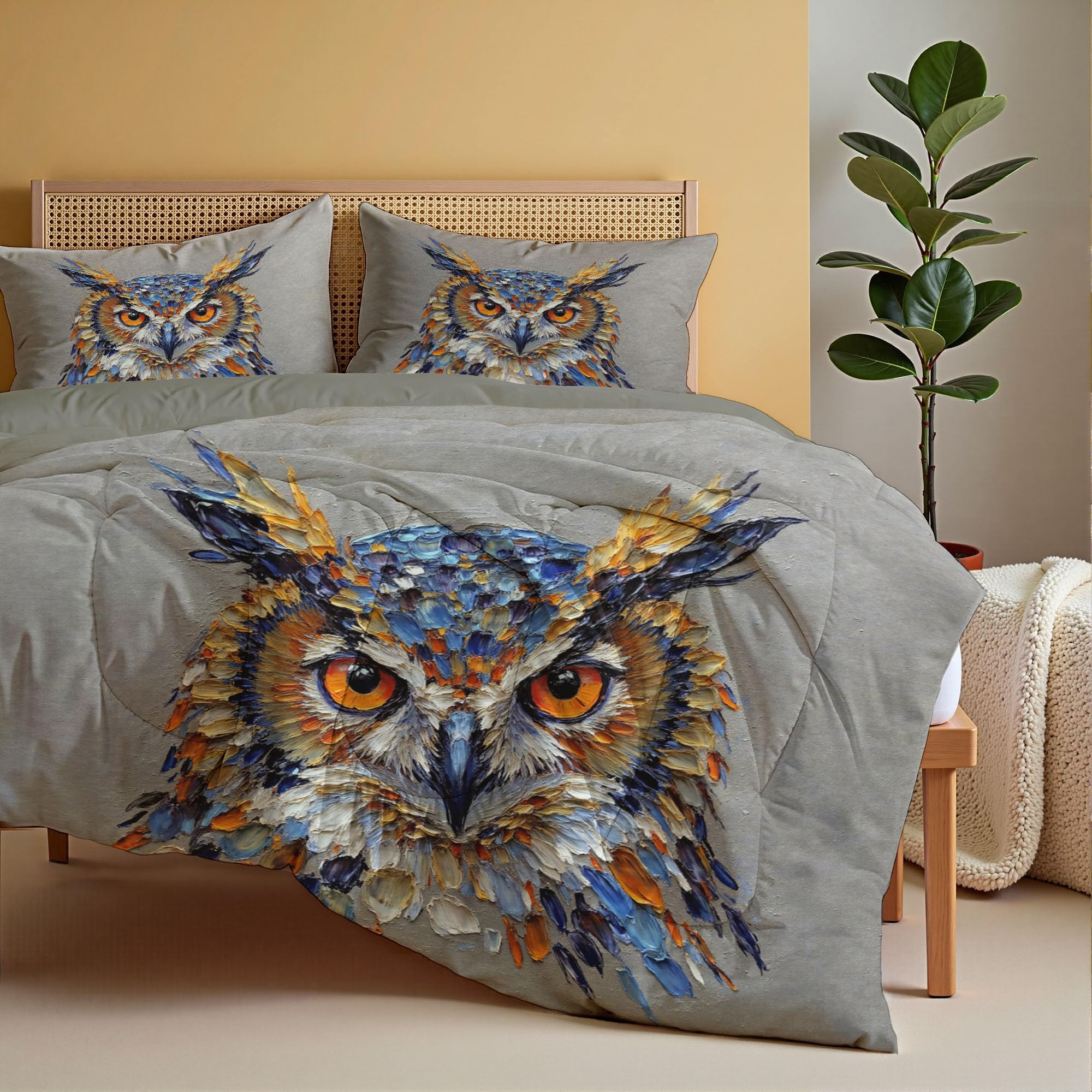 Coverless Quilt Set with 2 Pillowcases, 7.5 Tog 104" x 90" Size Reversible Duvet All Seasons with Animal Oil Paintings Illustrations Pattern, Lightweight and Warm Gray 3 Comforter King