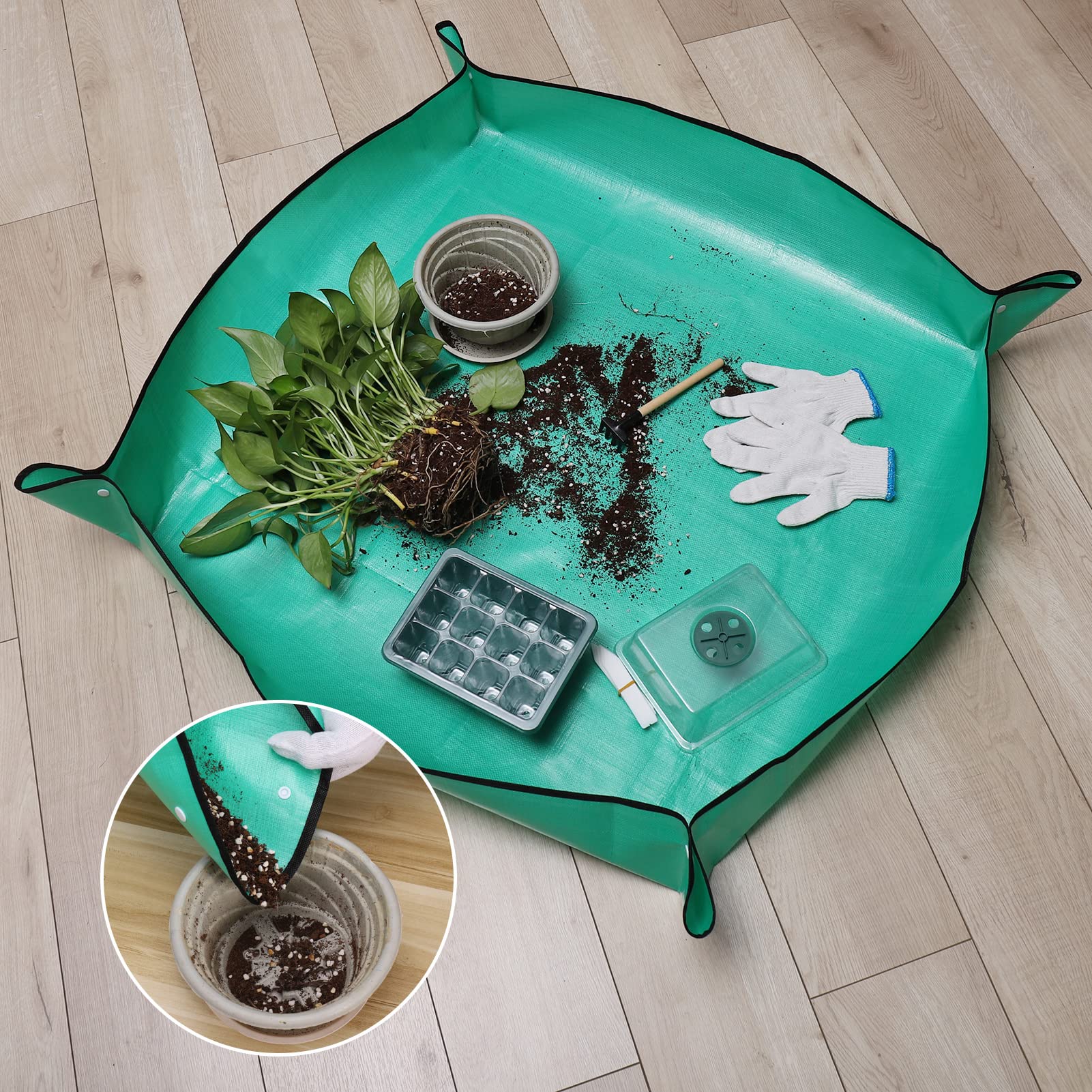Hejo 2 Pezzi Tappetino per Rinvaso di Piante (100 x 100cm), Vieni con 1 Laccio per Piante Verdi 10 m x 10 mm, per Rinvaso di Piante, Pieghevole, Piante Grasse, Piantina