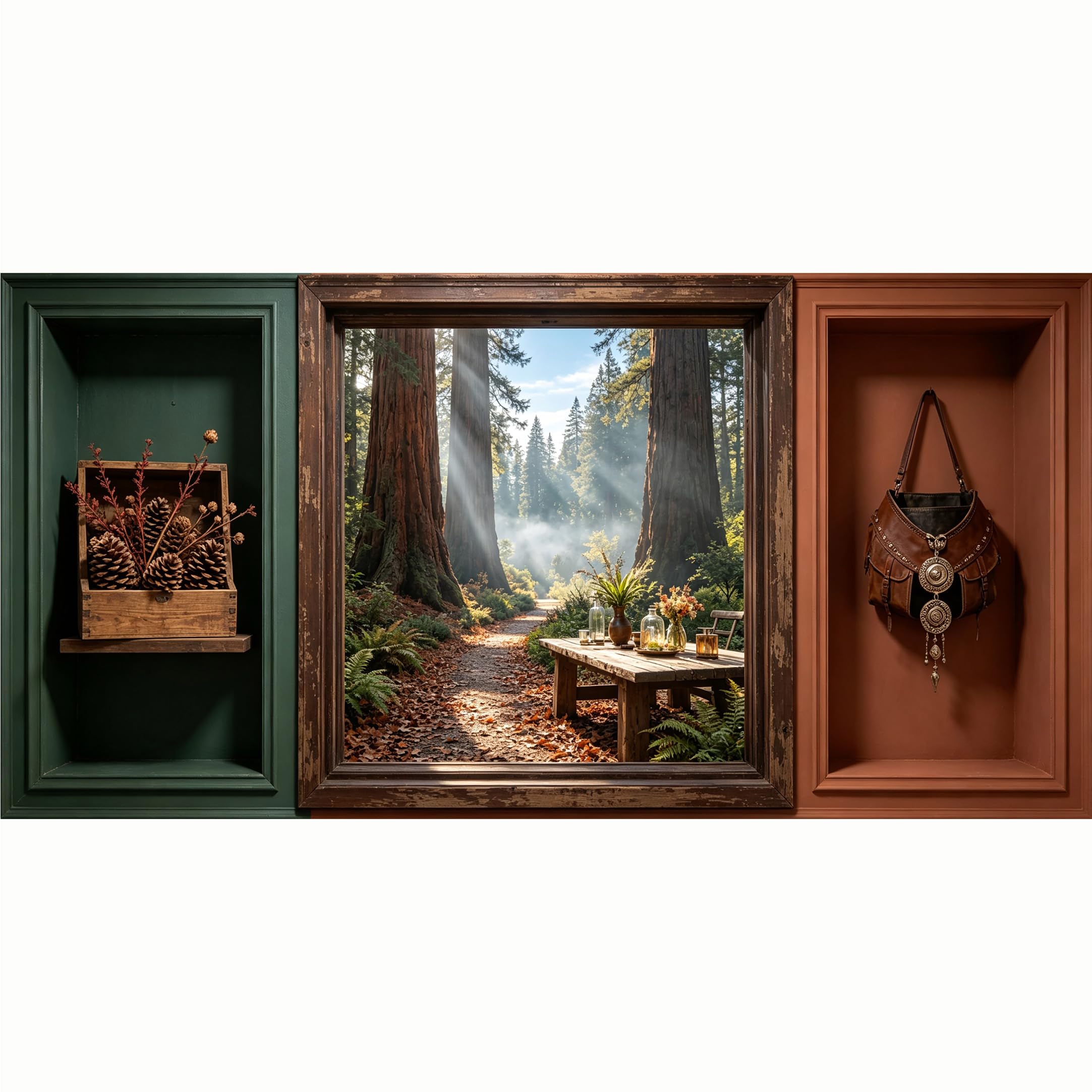 QZLITHOTIC 50x100cm 3D Framed Wall Art， Redwood Forest Path Western Farmhouse Scenic Self‑Adhesive Mural， Water‑Activated Peel & Stick Fabric Decor Wall Decal for Bedroom Living Room