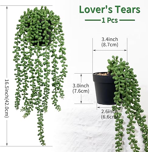 Miniatura 2 de LOYWREE Plantas falsas de interior con cadena de perlas artificiales en macetas negras, plantas colgantes suculentas artificiales verdes realistas