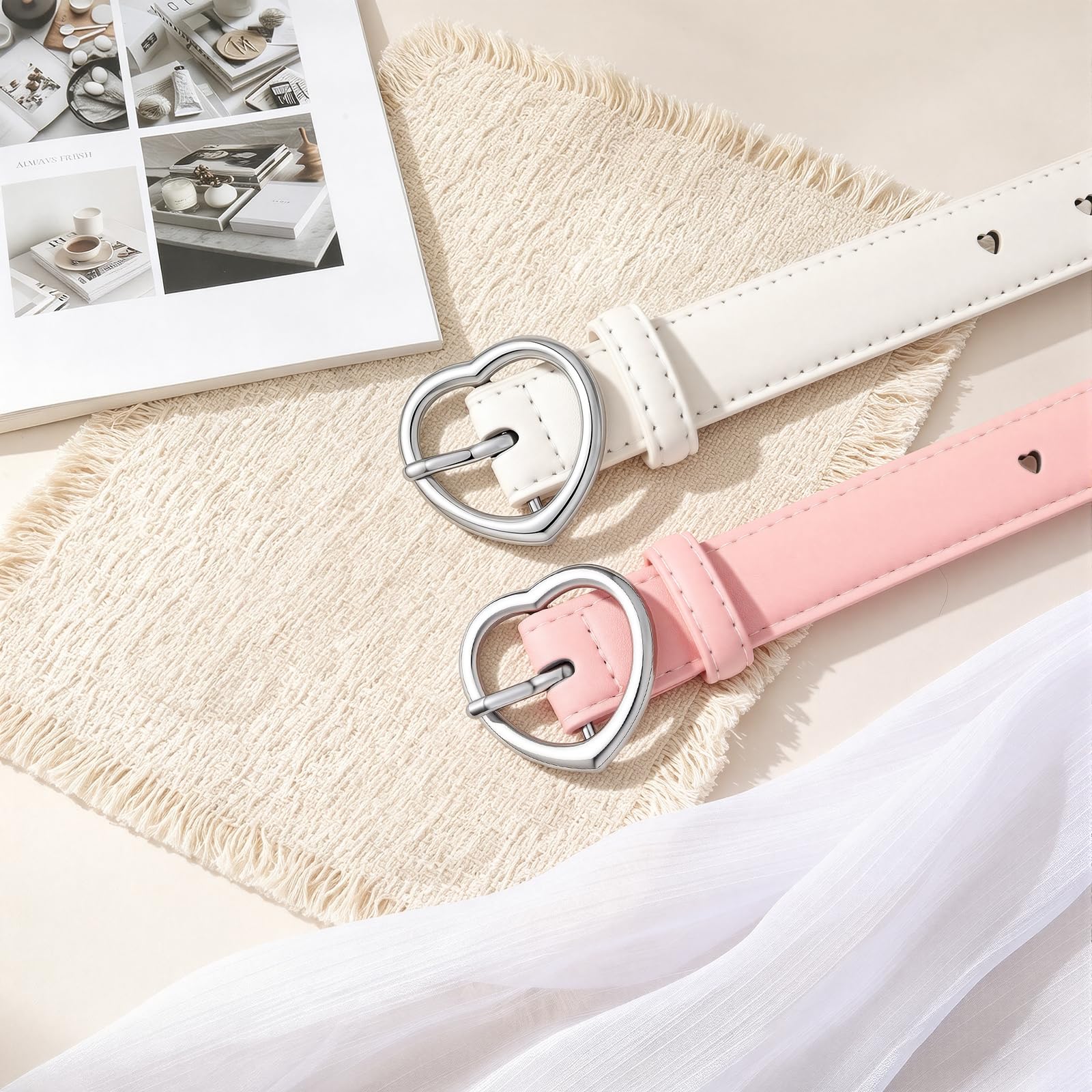 2 Pièces Ceinture Enfant Fille - Accessoires de Mode Avec Boucle En Forme De Coeur Réglable de 6-15 ans