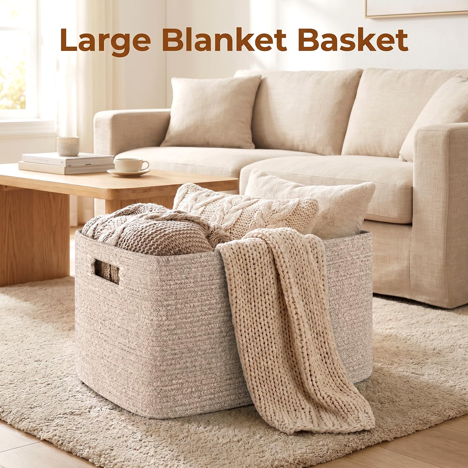 OIAHOMY, Grande cesto portaoggetti per coperte, 75 l, con manico, in corda di cotone per organizzare 55,9 x 43,2 x 30,5 cm, cestino per coperte, soggiorno, cestino per giocattoli per asilo, marrone