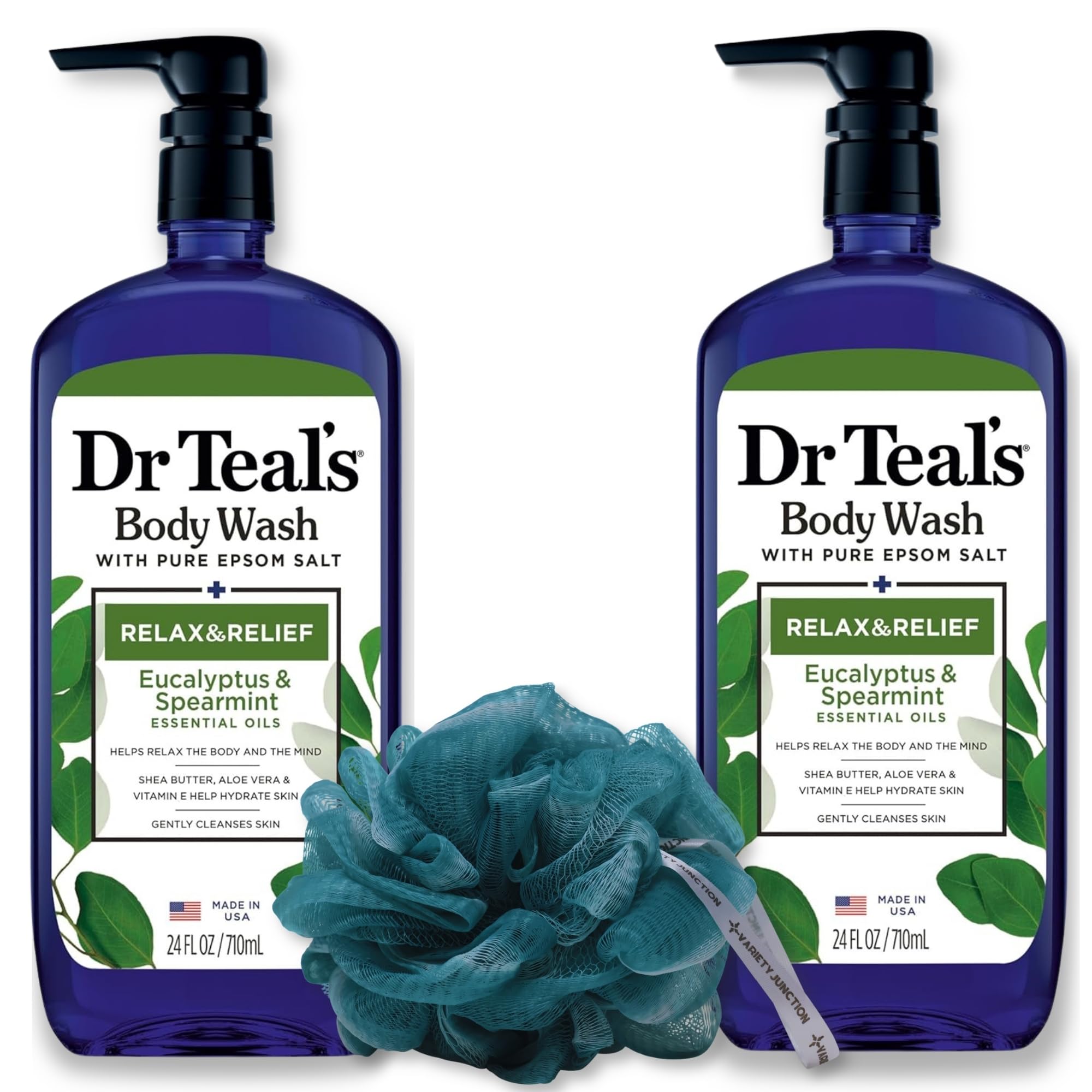 Variety Junction Dr. Teals Eucalyptus Body wash 24oz (2) Shower Sponge (1)