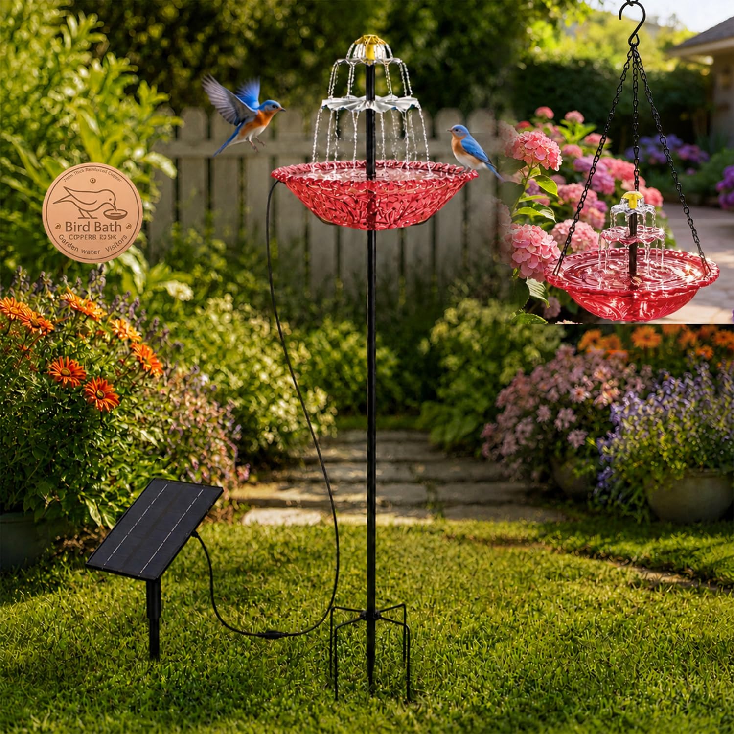 2026 New Three-Tier Bird Bath Tub, Ground-Mounted & Hanging Solar-Powered Bird Bath Tub with Recirculating Water Design, Suitable for Gardens and Backyards - Decorative Garden Gift (Red)