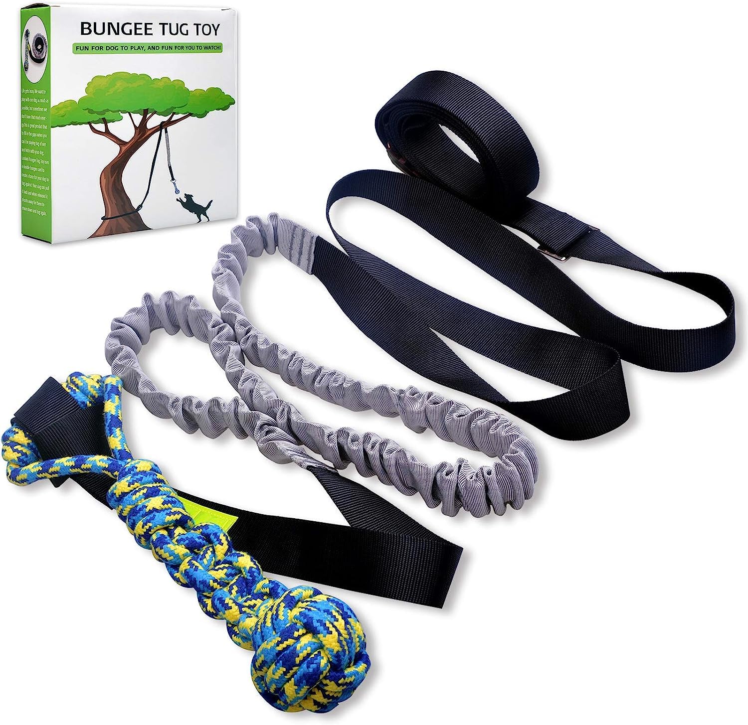 Outdoor Bungee Tug Toy，Dog Toy Hanging from Tree for Small to Large Dogs, Interactive Exercise Play Cord & Tether with Chew Rope Toy (Black)