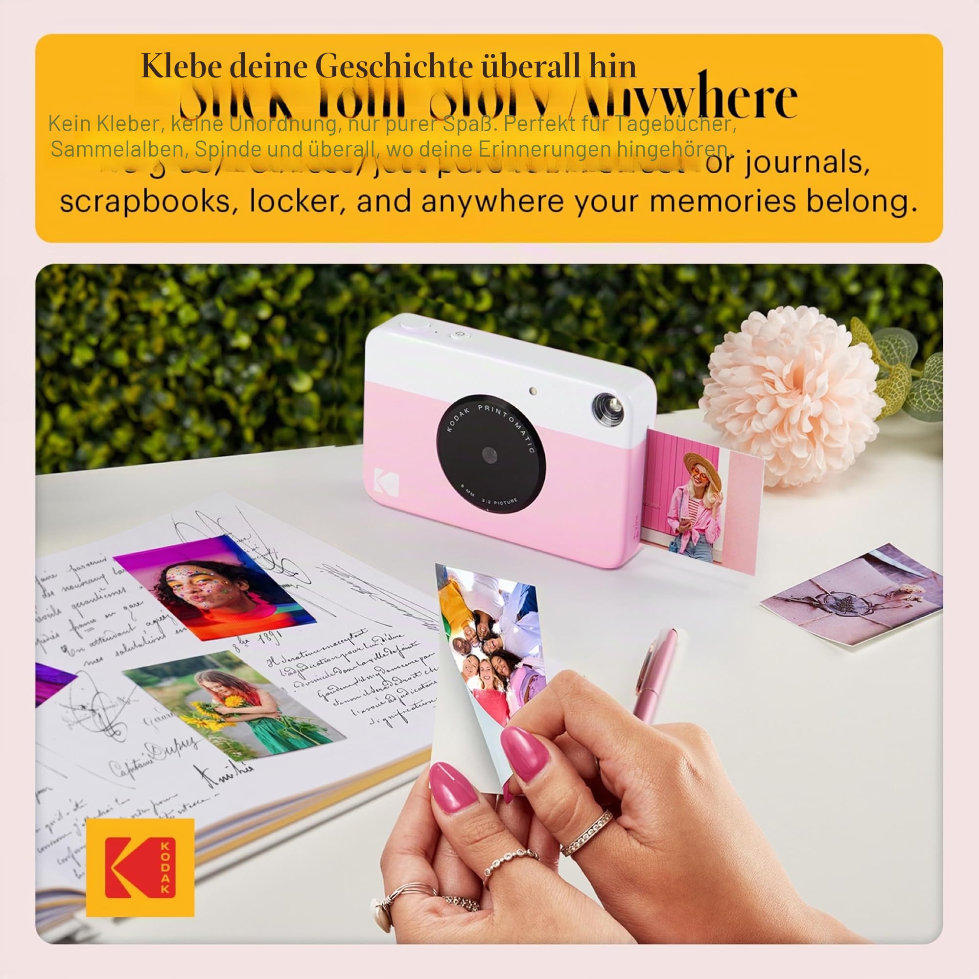 Kodak Printomatic Sofortbildkamera (Rosa) Basis-Paket + Zinkpapier (20 Blätter) Etui + Bequemer Halsriemen