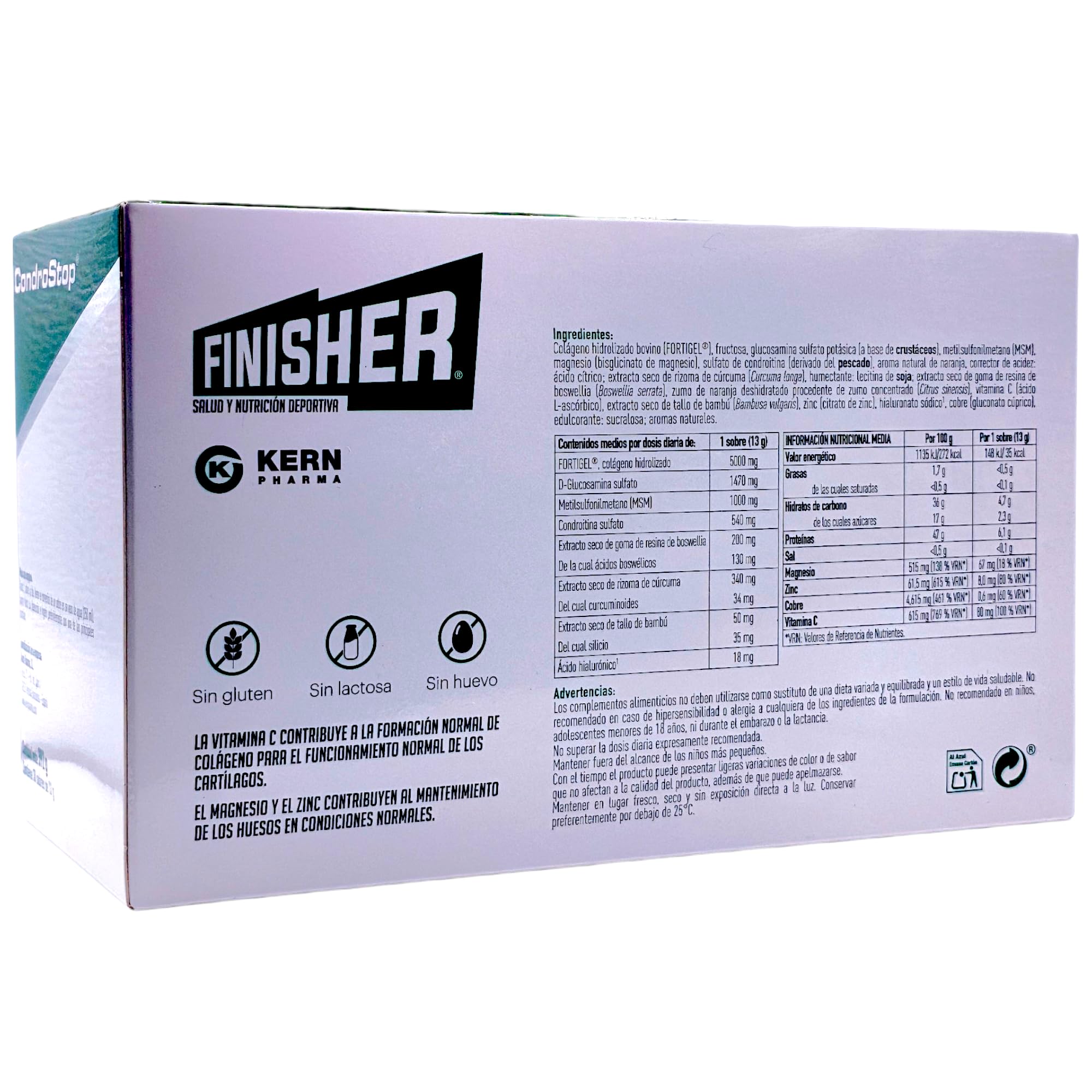 Kern Pharma Finisher Condrostop 30 Sobres - Regenerador Articular con Colágeno Hidrolizado Fortigel, Condroitina, Glucosamina, MSM, Ácido Hialurónico y Magnesio - Sabor Naranja