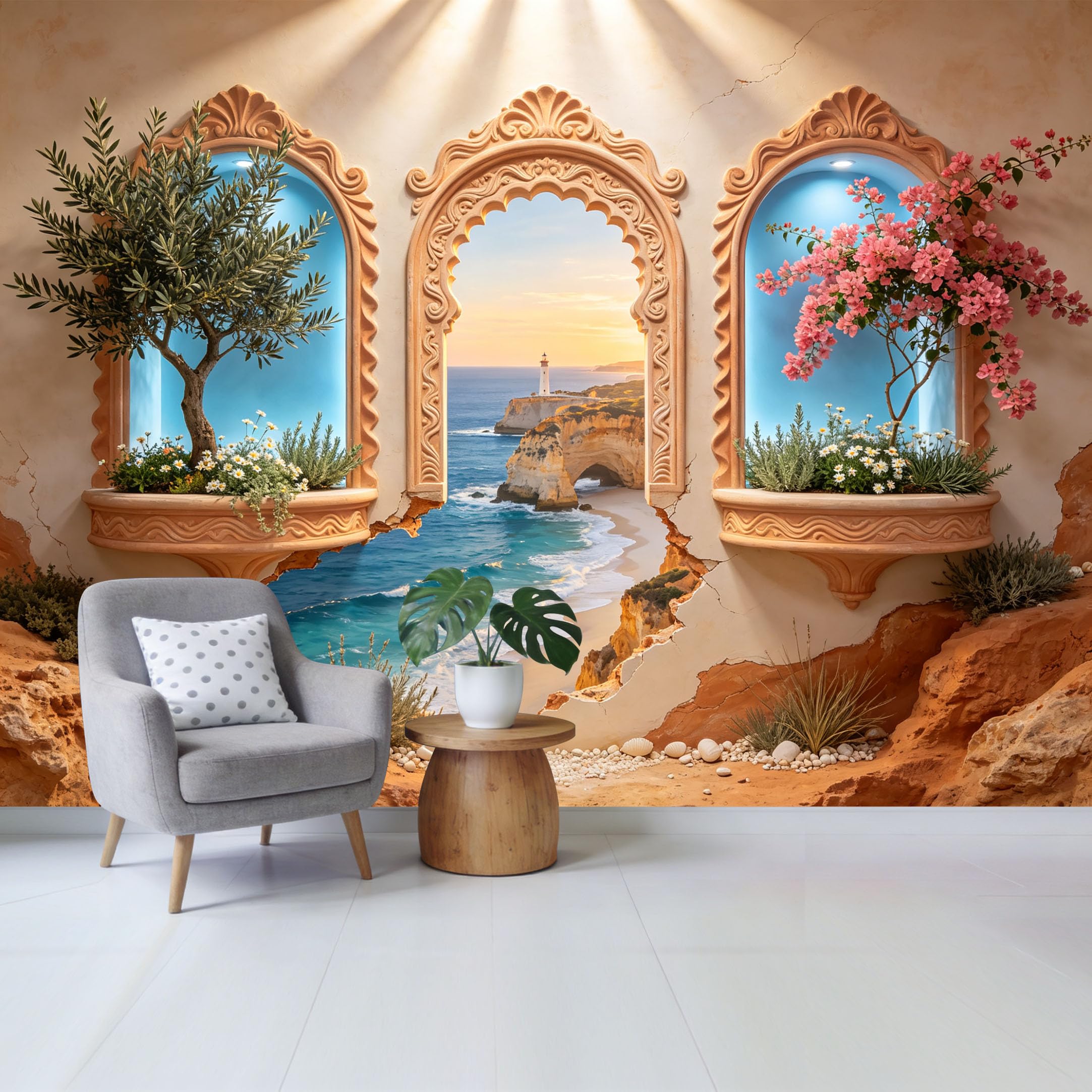 Custom Size Wall Mural Mediterranean Coastal Arch Window Ocean Cliff View Botanical Flowers Removable Self Adhesive Fabric Home Wall Decor for Living Room Bedroom Bathroom