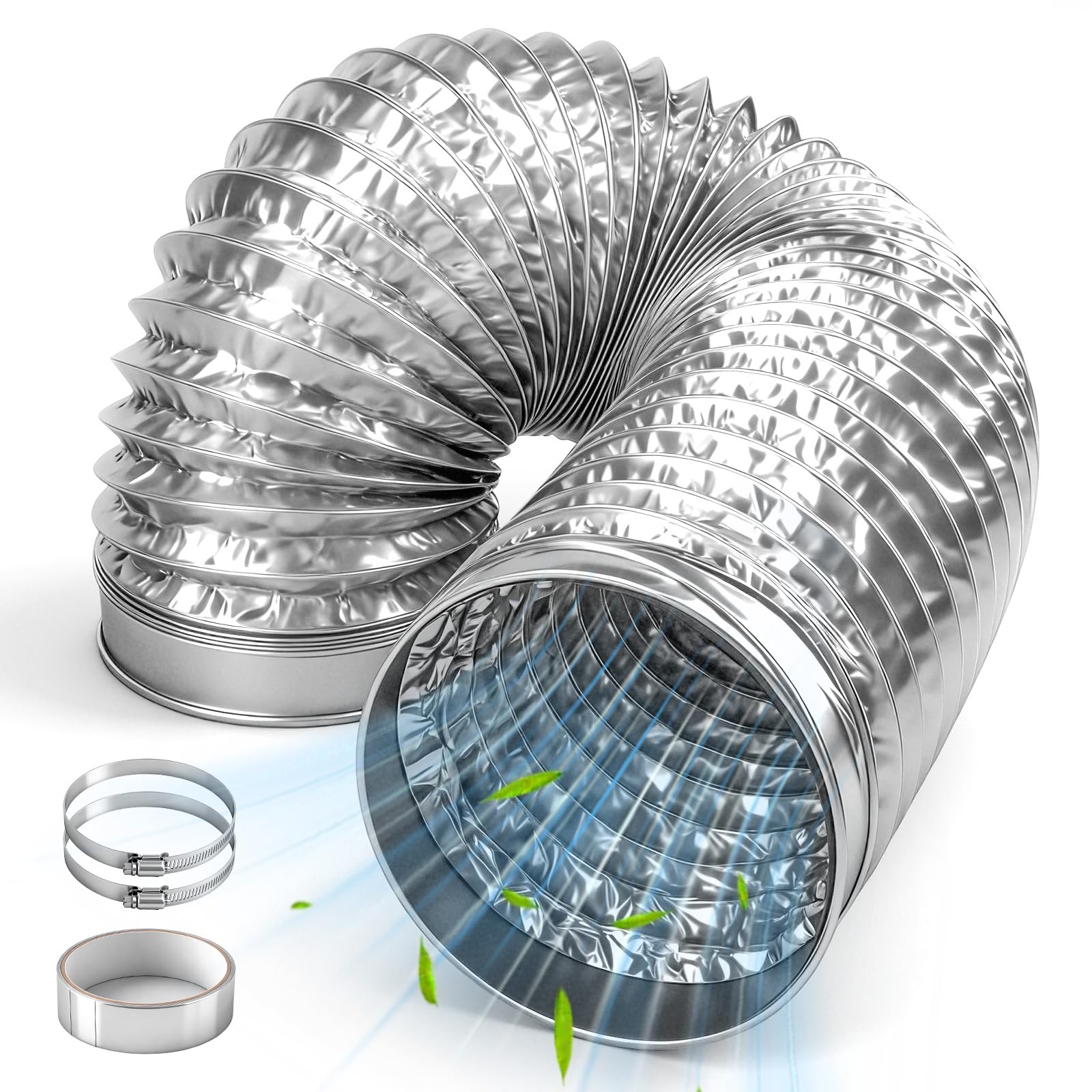Tuyau d'évacuation de 150 mm, longueur : 1,5 m, tuyau de ventilation, tuyau à air chaud, 150 mm, avec 2 colliers de serrage en acier inoxydable et 1 bande en aluminium pour hotte aspirante