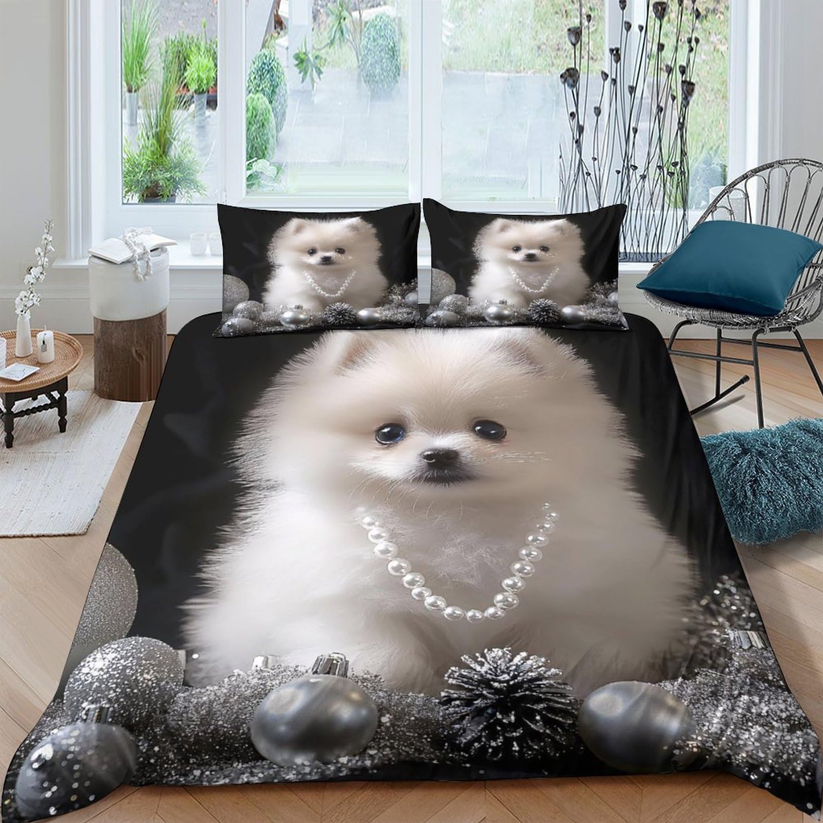 Ctjqhvkz Style-1 3D Printed White Pomeranian Dog Fitted Sheet Microfiber Soft Decorative Cute Puppy Bed Cover For Bedroom Guest Room Dorm Single（135X200cm）