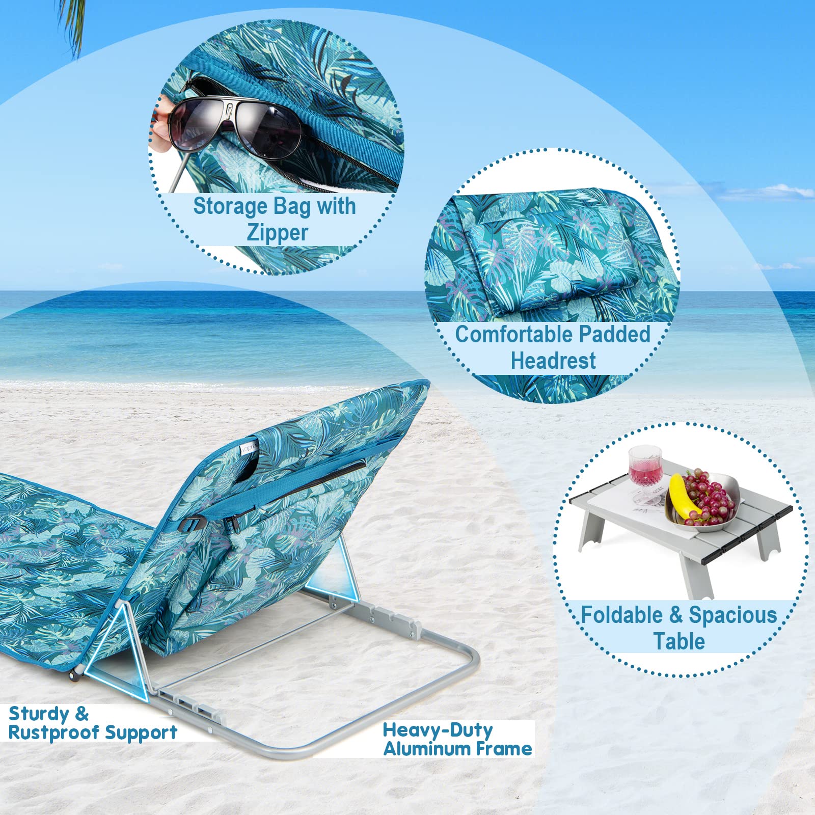 GIANTEX Zestaw 2 składanych materacy plażowych i stolika bocznego, 5-pozycyjne regulowane leżaki plażowe ze zdejmowanym zagłówkiem, kieszenią do ogrodu, na plażę, kemping (zielony)