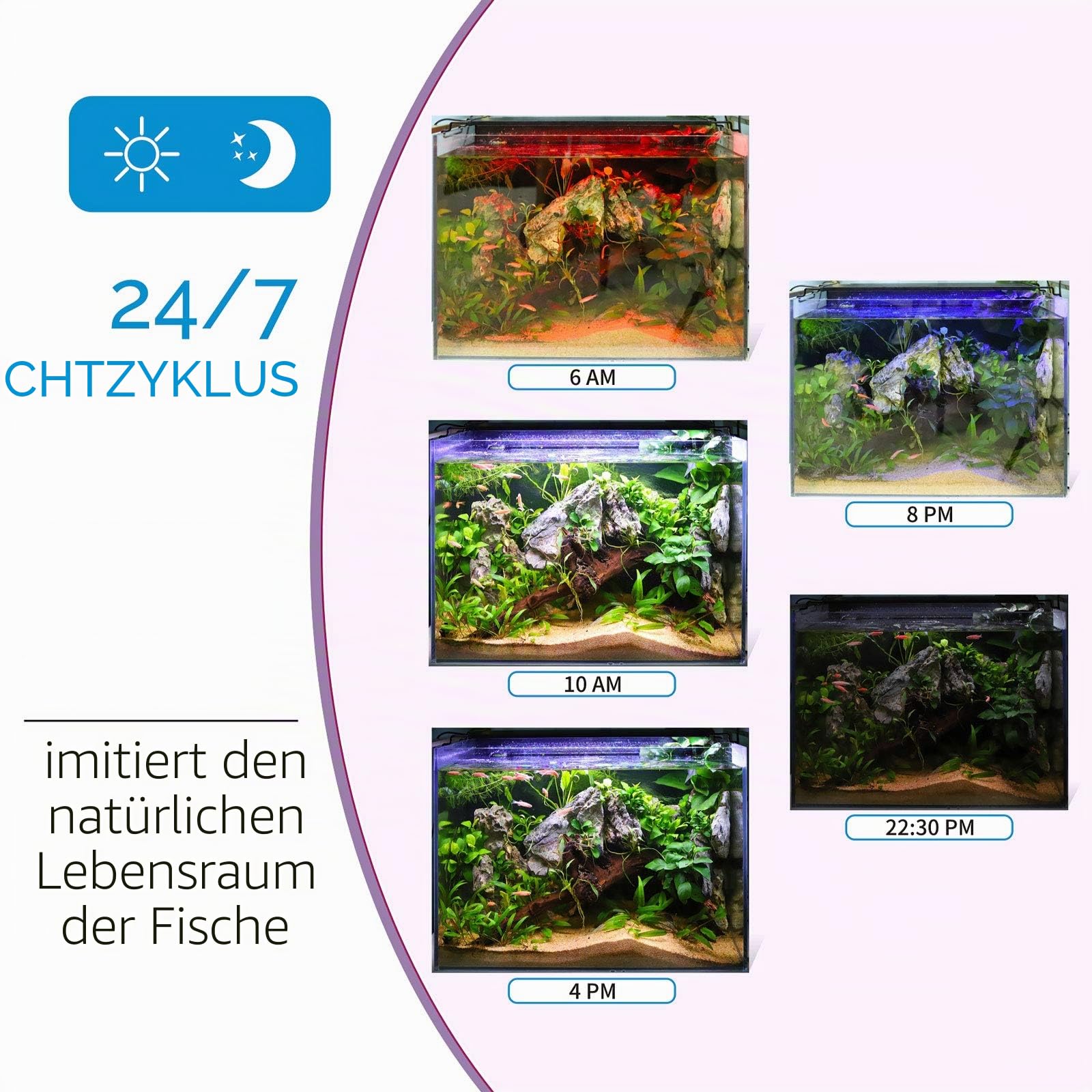 hygger Aquarium Beleuchtung Zyklus 24/7 Aquarium licht mit Timer,26W Vollspektrum Aquarium LED Beleuchtung Lampe mit Ausziehbarer Halterung,7 Farben,Sonnenaufgang-Tageslicht-Mondlicht