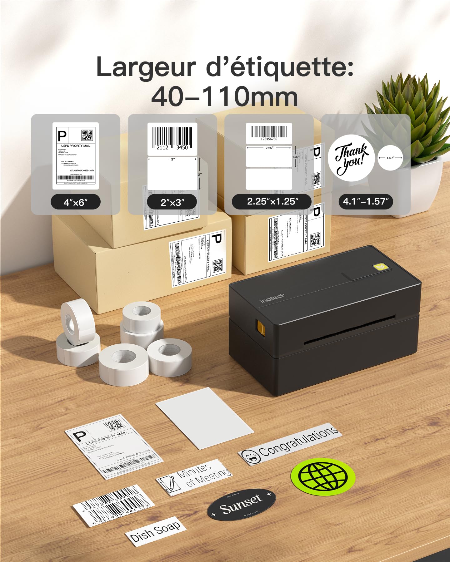 Inateck Imprimante d'étiquettes Thermiques Mobiles sans Fil 4 x 6 Noir
