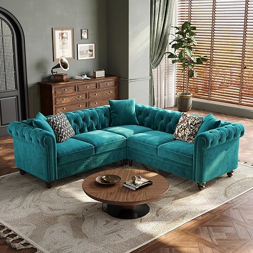 Chesterfield L Shaped Sofa, Velvet Sectional Sofa with Rolled Arms, Tufted Corner Couch w/3 Throw Pillows, Springs Seat Cushion, Solid Wood Legs, Vintage L Shape Couch for Living Room, Green