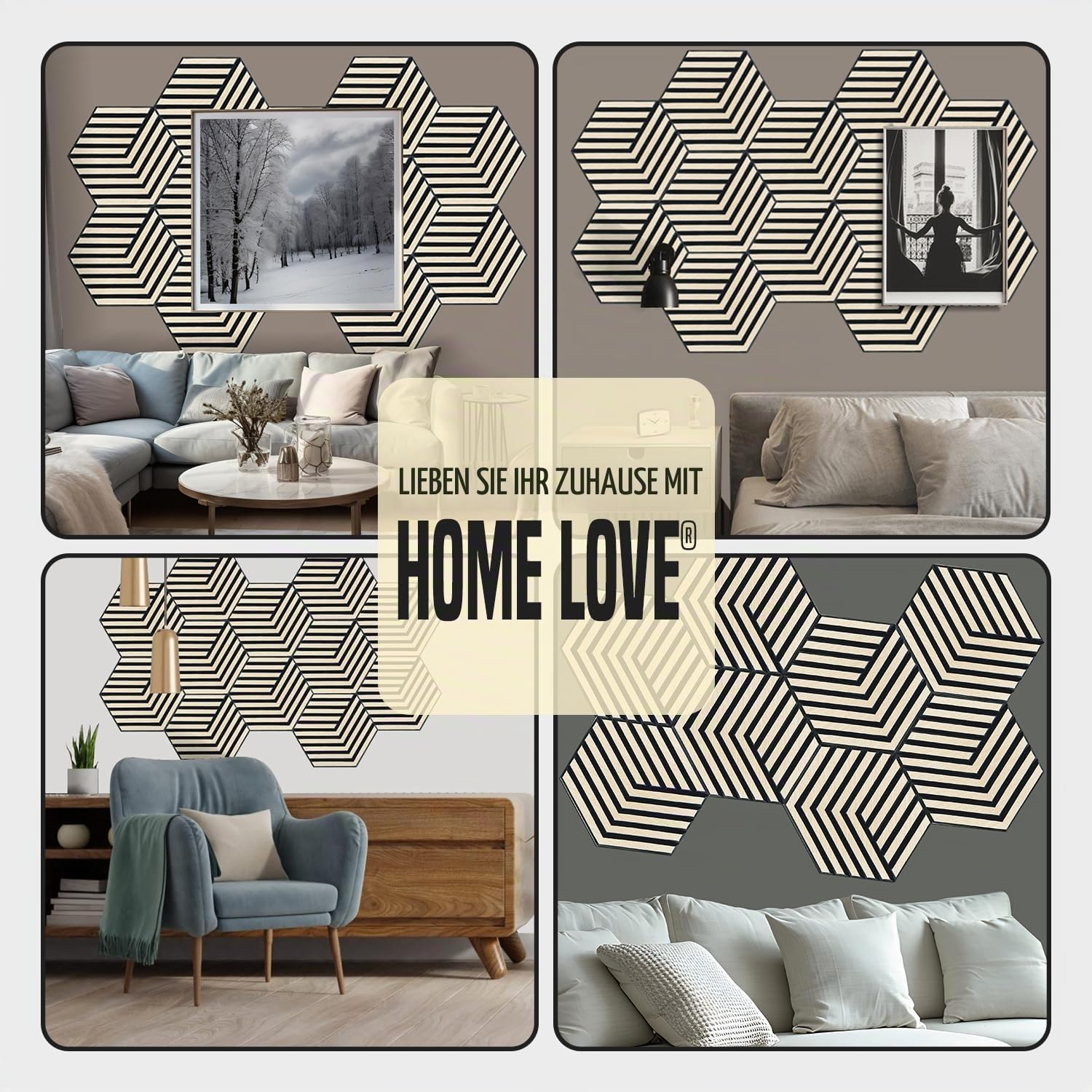 HOME LOVE® Wandbild aus Holz 8er Set | Hexagon Akustikplatten | 3D Gaming Wanddekoration | Akustikpaneele als Deko | Dekoration für Wohnzimmer Flur | Wandpaneele als Akustikbild | Dekoartikel groß