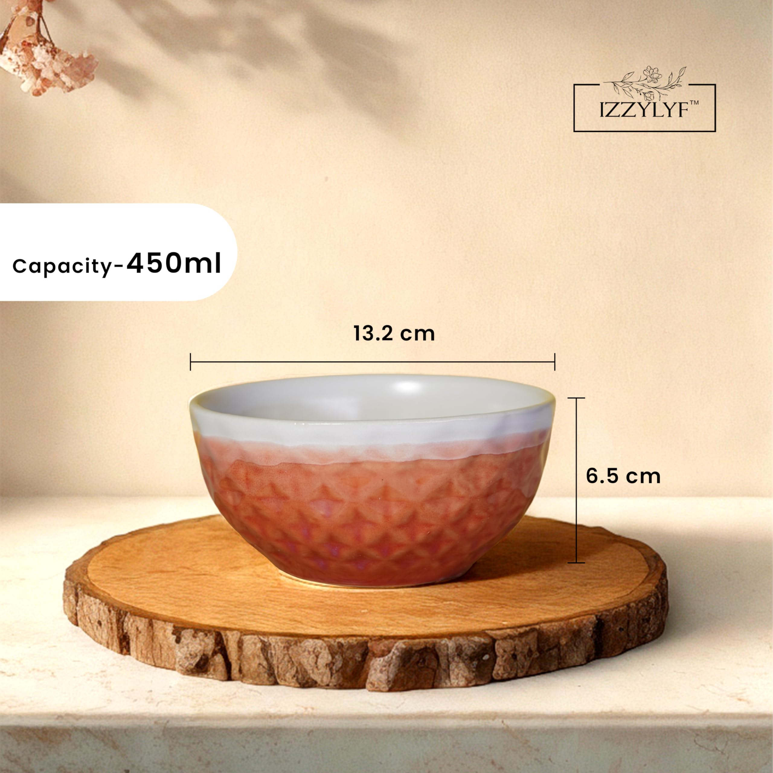 IZZYLYF 'Royal Pink' Ceramic Snack Bowl Set of 2 (450 ml Each) | Microwave & Dishwasher Safe Bowl Set for Party, Dinner Table & Gifting | Stylish & Fancy Design Bowl Set for Snacks, Desserts & Salads 3