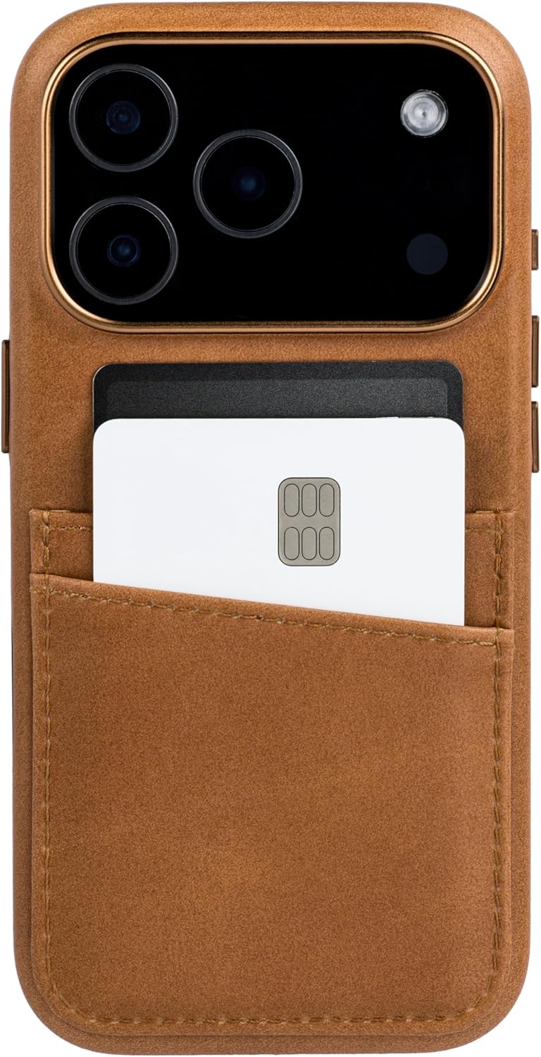 Dockem Genuine Leather Card Case for iPhone 17 Pro with Camera Control Button and Stitched-on Wallet with 2 Holder Slots (Light Brown, M2GL)