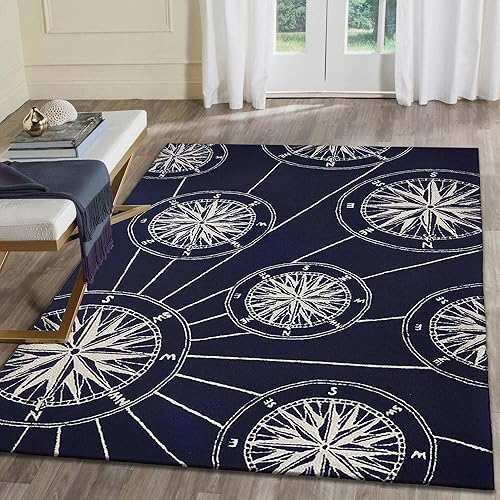 Miniatura 5 de Liora Manne Compass - Alfombra azul marino para porche delantero para interiores y exteriores, 5 pies x 7 pies 6 pulgadas