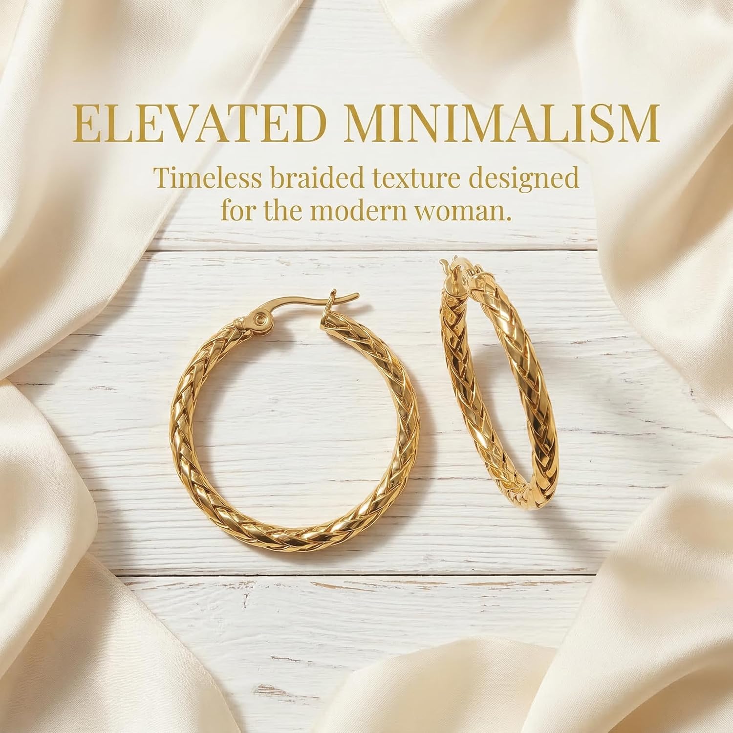 14k Yellow Gold Braided Hoop Earrings for Women, 4mm x 30mm Chunky Textured Twist Fringe Hypoallergenic Womens Hoops Earring, Classic Fashion Daily Wear Jewelry