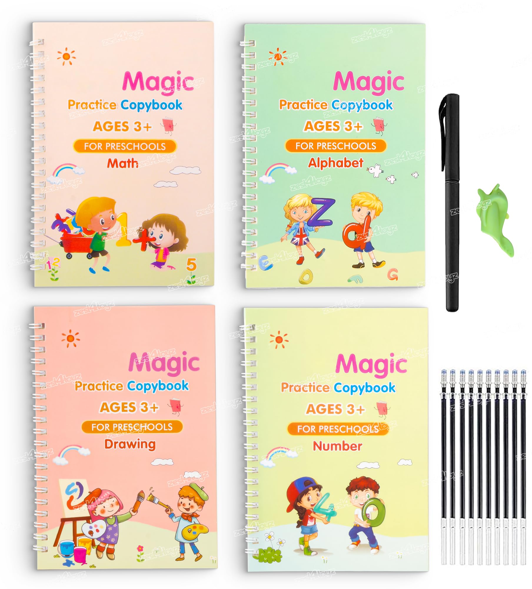 Zest 4 Toyz Magic Practice Copy Book for Pre-School Kids Re-Usable Math Alphabet Number Drawing Exercise for Children (4 Book +1 Pen +10 Refill +1 Grip)