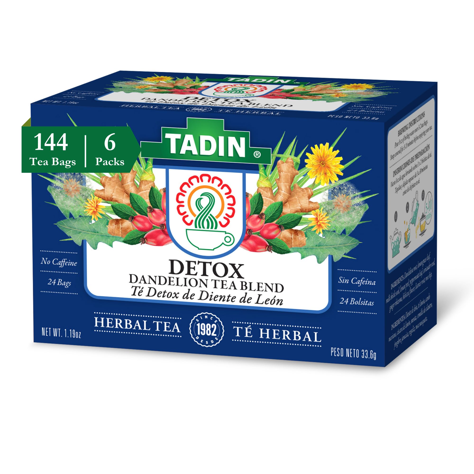 Tadin Detox Tea with Dandelion Root, Herbal Tea, Caffeine Free Tea, Wellness Tea, Best as Hot Tea, Herbal Tea Bags, Decaffeinated Tea, 24 Tea Bags Per Box, Pack of 6