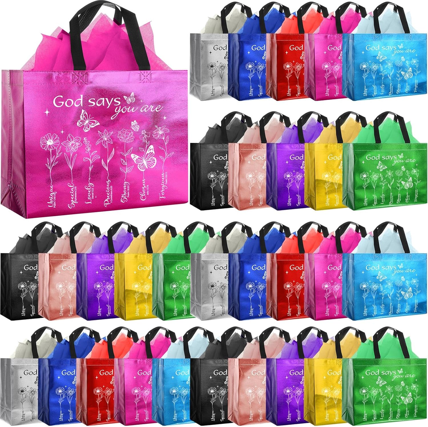 Resholder 30 Set Gift Bags with Tissue Paper, Medium Reusable Non-woven Tote with Handles for Employee Appreciation Staff Coworker Office Gifts, Team Positive Thank You Bag Bulk, 10x8x4 Inch