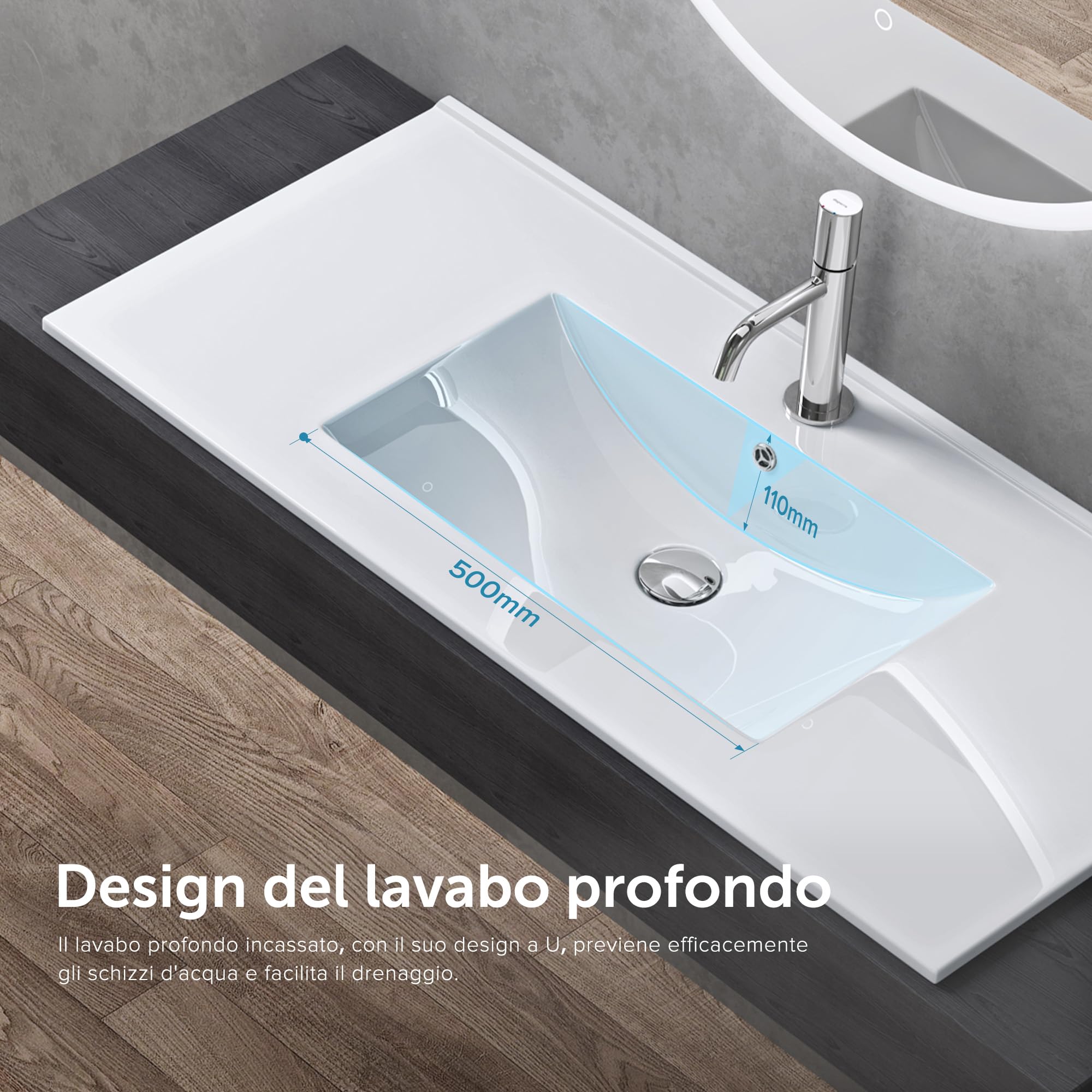 doporro Lavabo da Incasso Rettangolare 80 cm in Ceramica Bianco Lucido, Lavandino Integrato con Foro Rubinetto, Installazione su Mensola o Mobile Bagno Brüssel912