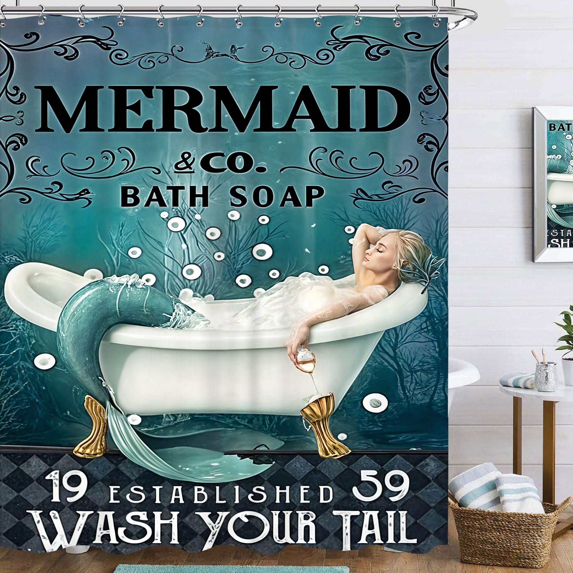 Famiffty Ocean Shower Curtain Mermaid Bathroom Curtains 60Wx72L Inch Teal Blue Funny Wash Your Tail Bathtub Bubbles Sea Bath Soap Vintage Retro Waterproof Polyester Fabric 12 Plastics Hooks
