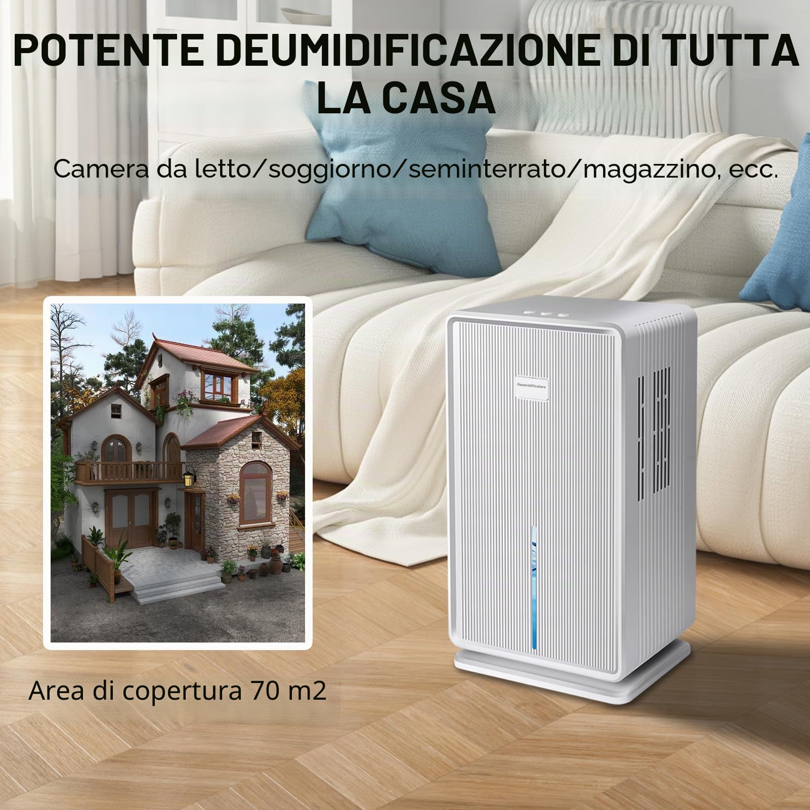 Deumidificatore Casa 1L/T (3 L), Deumificatore Silenzioso <40 dB per 30m²-70m² bagno appartamento seminterrato, con spegnimento e sbrinamento automatici, luce d'atmosfera colorata