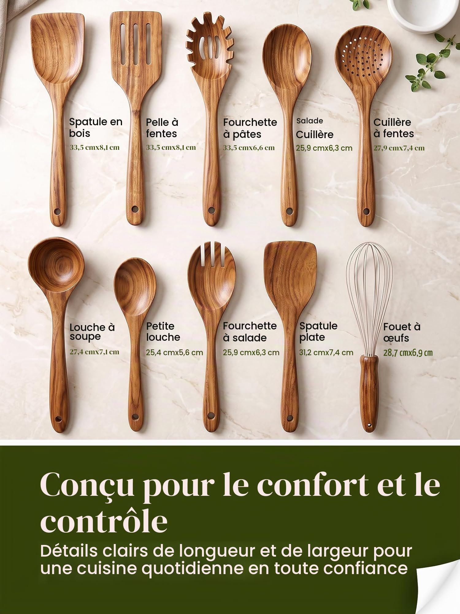 Lot de 10 cuillères en bois de teck pour une utilisation antiadhésive, ensemble de spatules pour mélanger, pâtisserie, ustensiles en bois antiadhésifs pour la cuisine